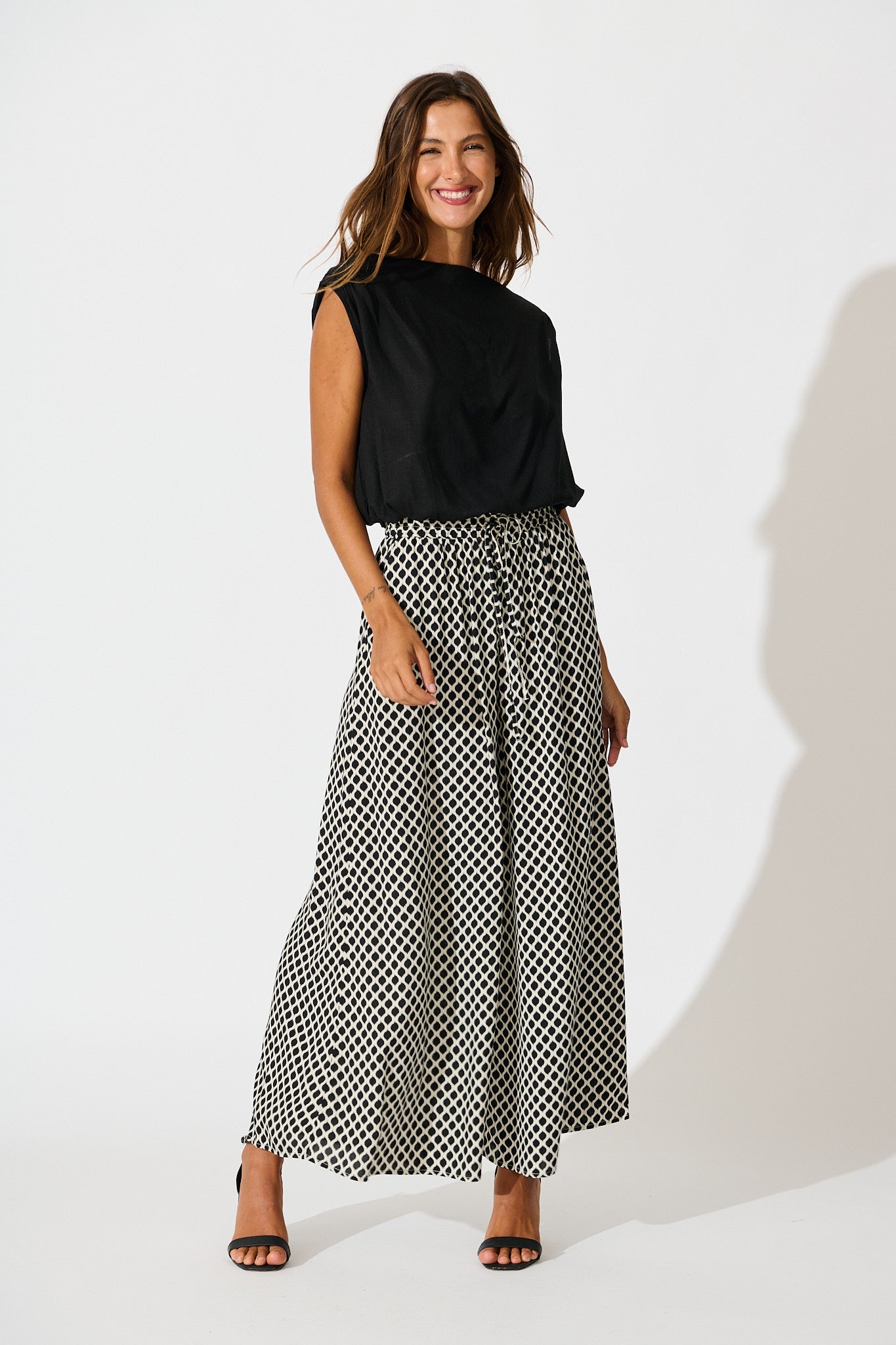 Goldie Wide Leg Pant in Black and Cream Geometric Print