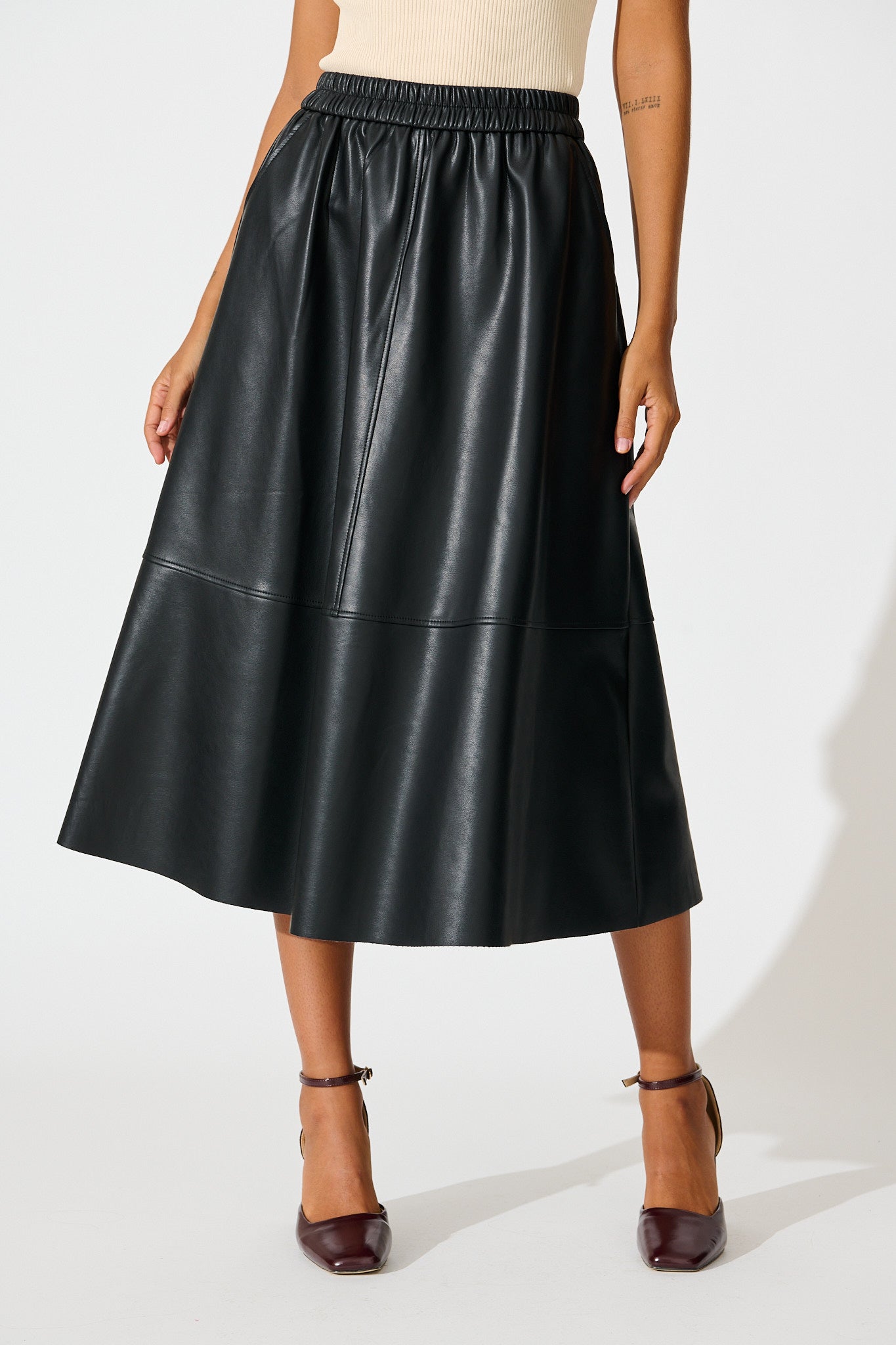 Let It Happen Midi Skirt in Black Leatherette