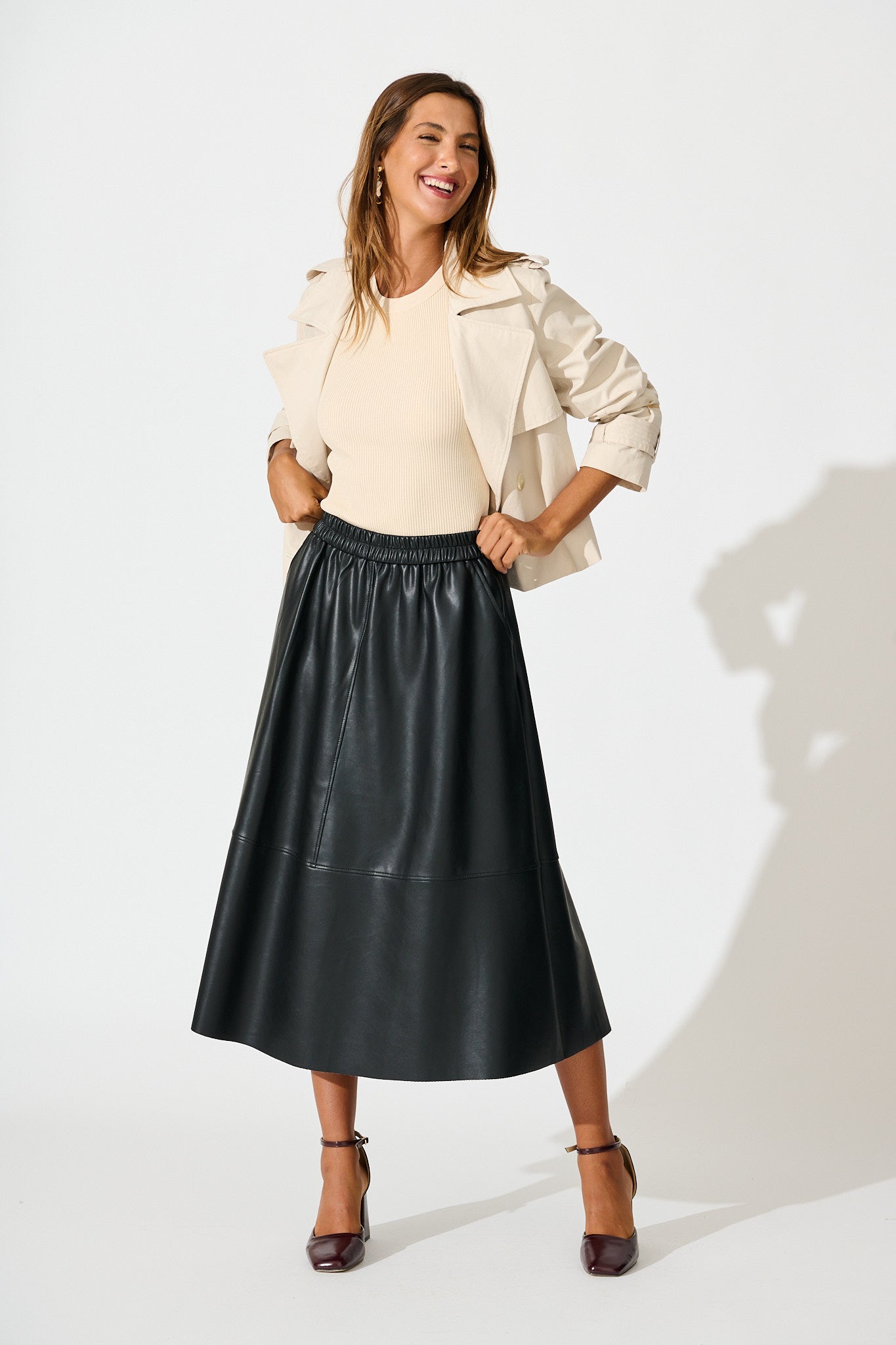 Let It Happen Midi Skirt in Black Leatherette