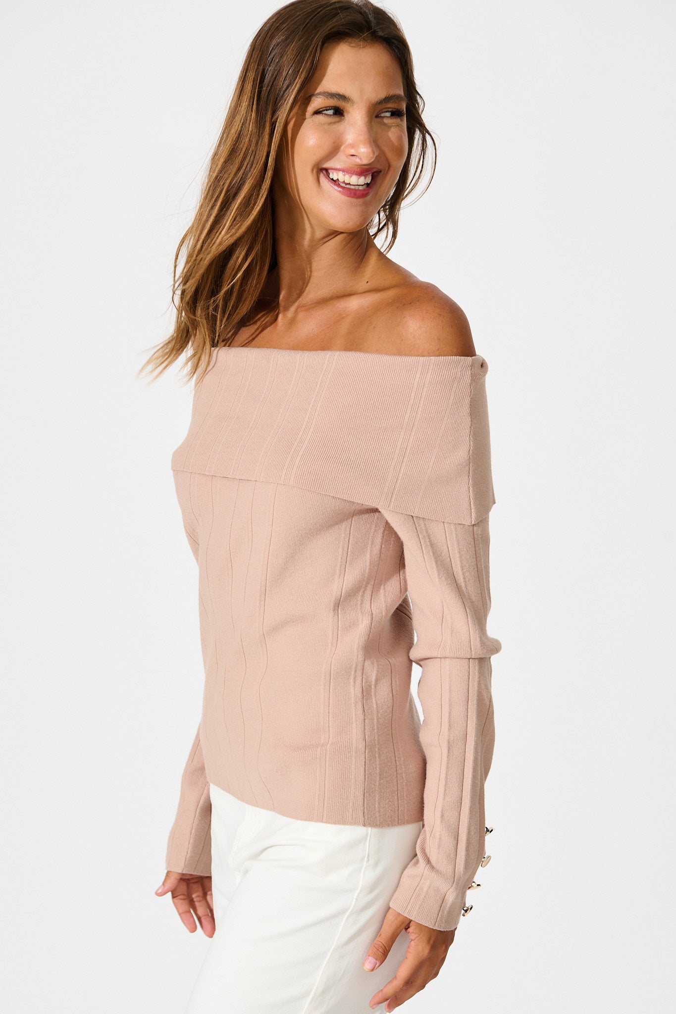 Solar Bardot Knit Top in Toffee Wool Blend