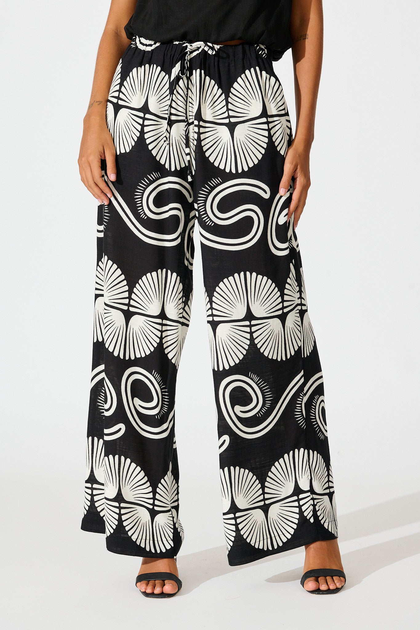 Lucinda Pant in Black with White Swirl Print Linen Blend