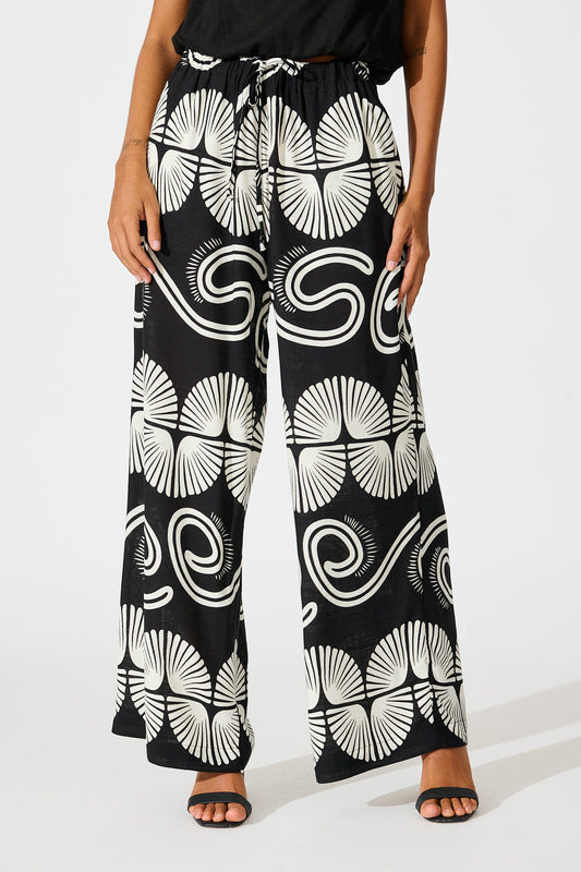 Lucinda Pant in Black with White Swirl Print Linen Blend