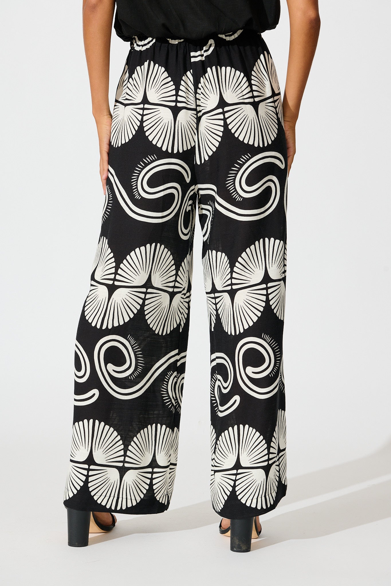 Lucinda Pant in Black with White Swirl Print Linen Blend
