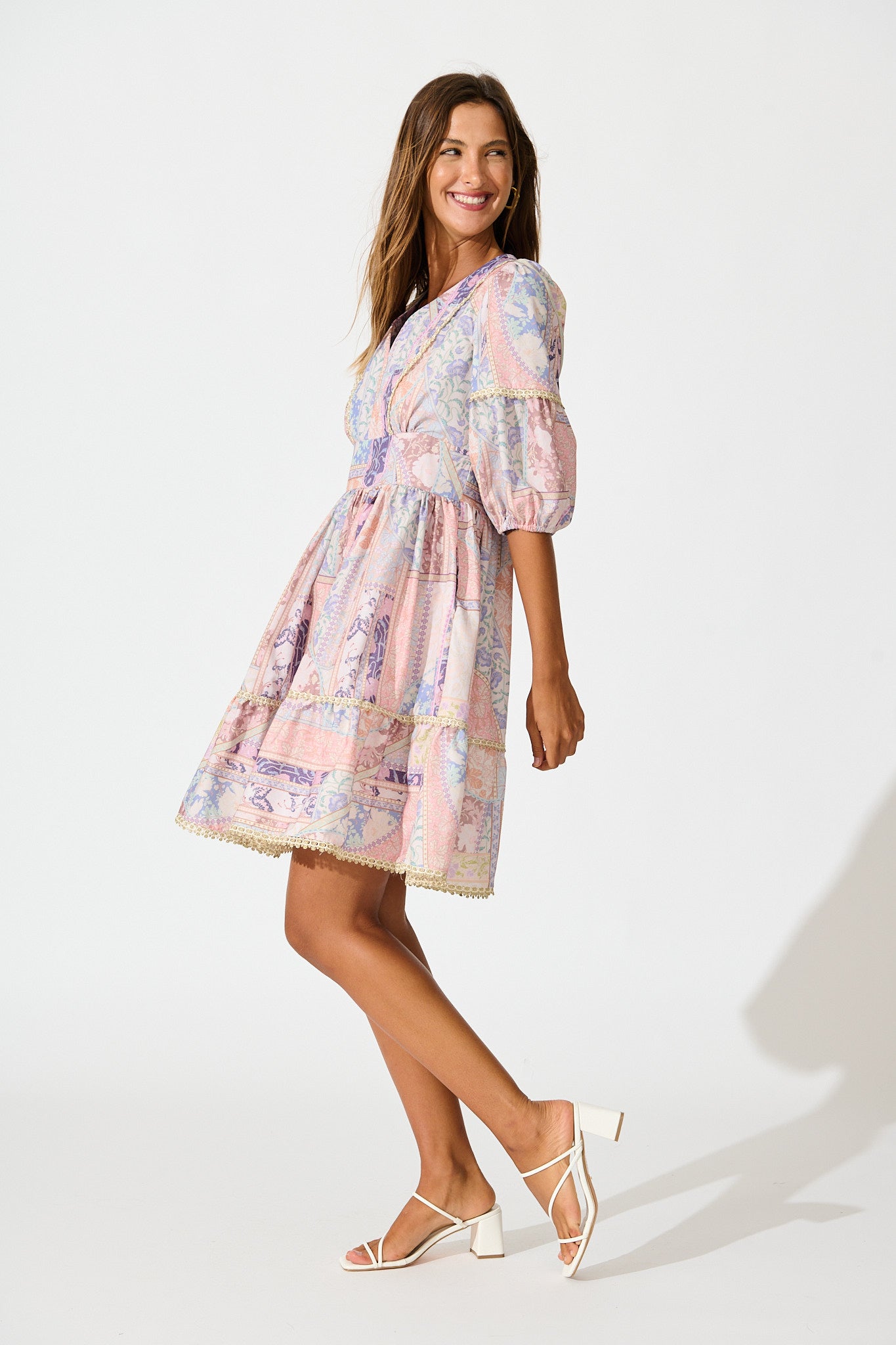 Samira Dress in Blush Multi Patchwork with Lace Trim