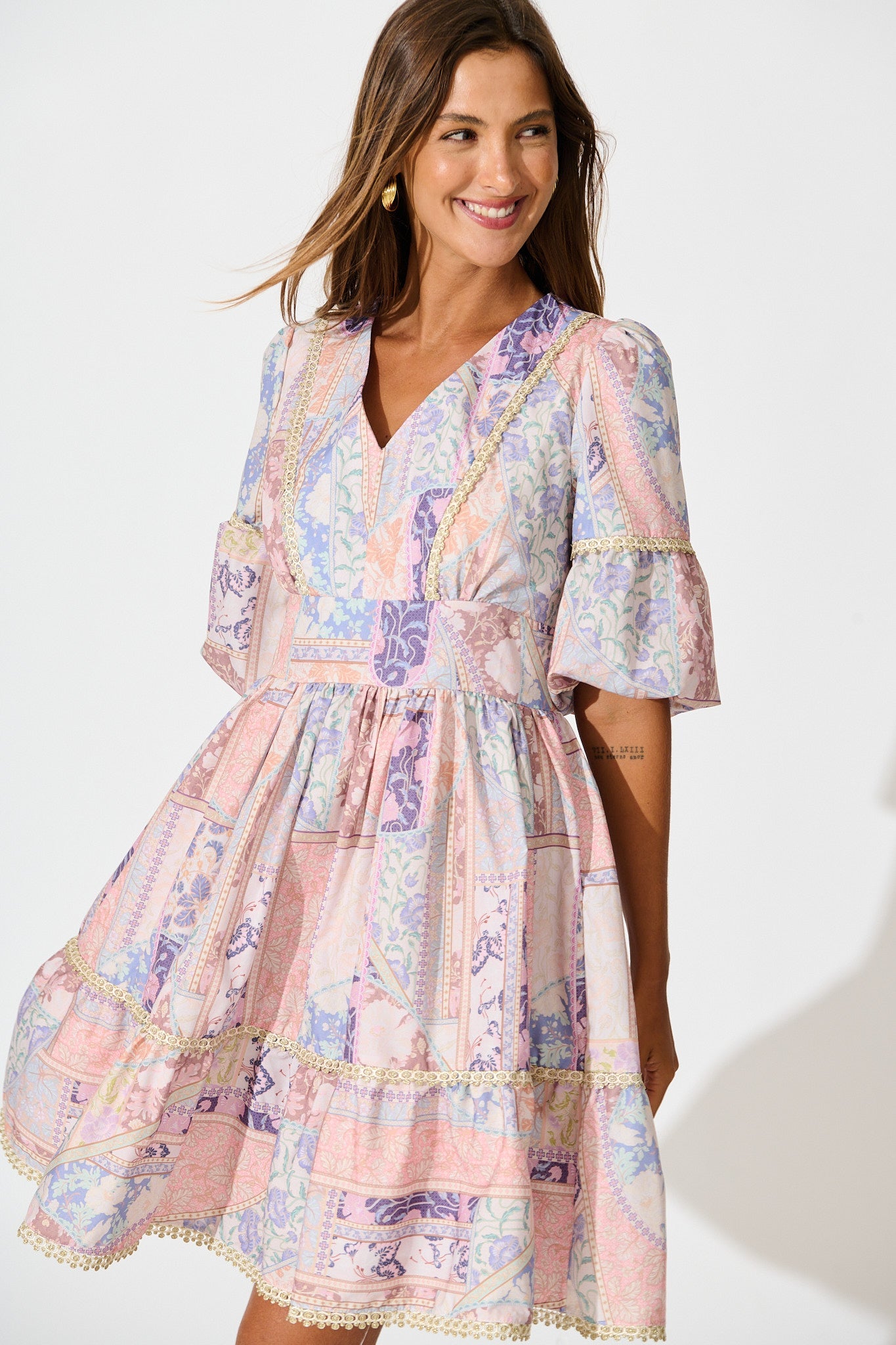 Samira Dress in Blush Multi Patchwork with Lace Trim