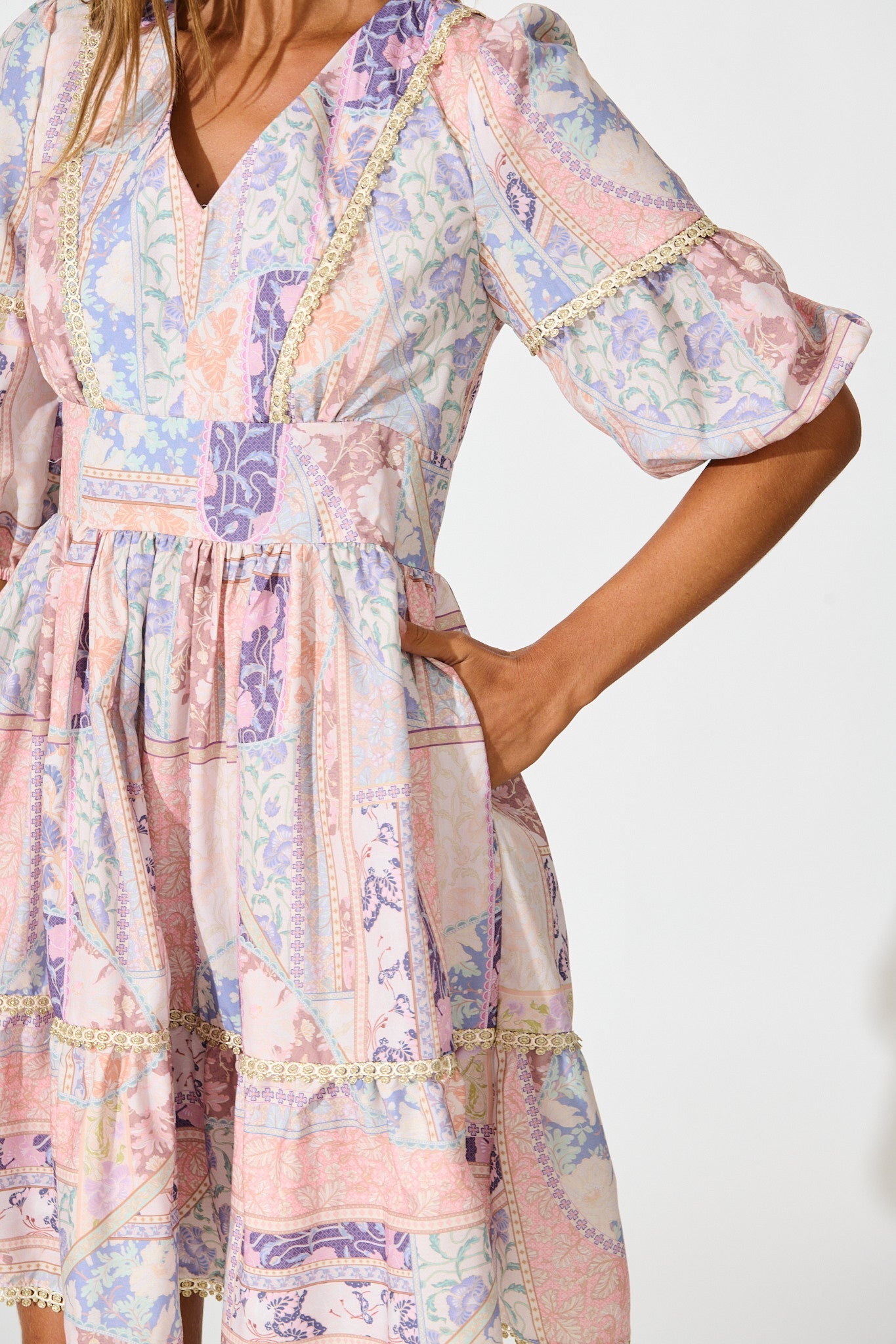 Samira Dress in Blush Multi Patchwork with Lace Trim