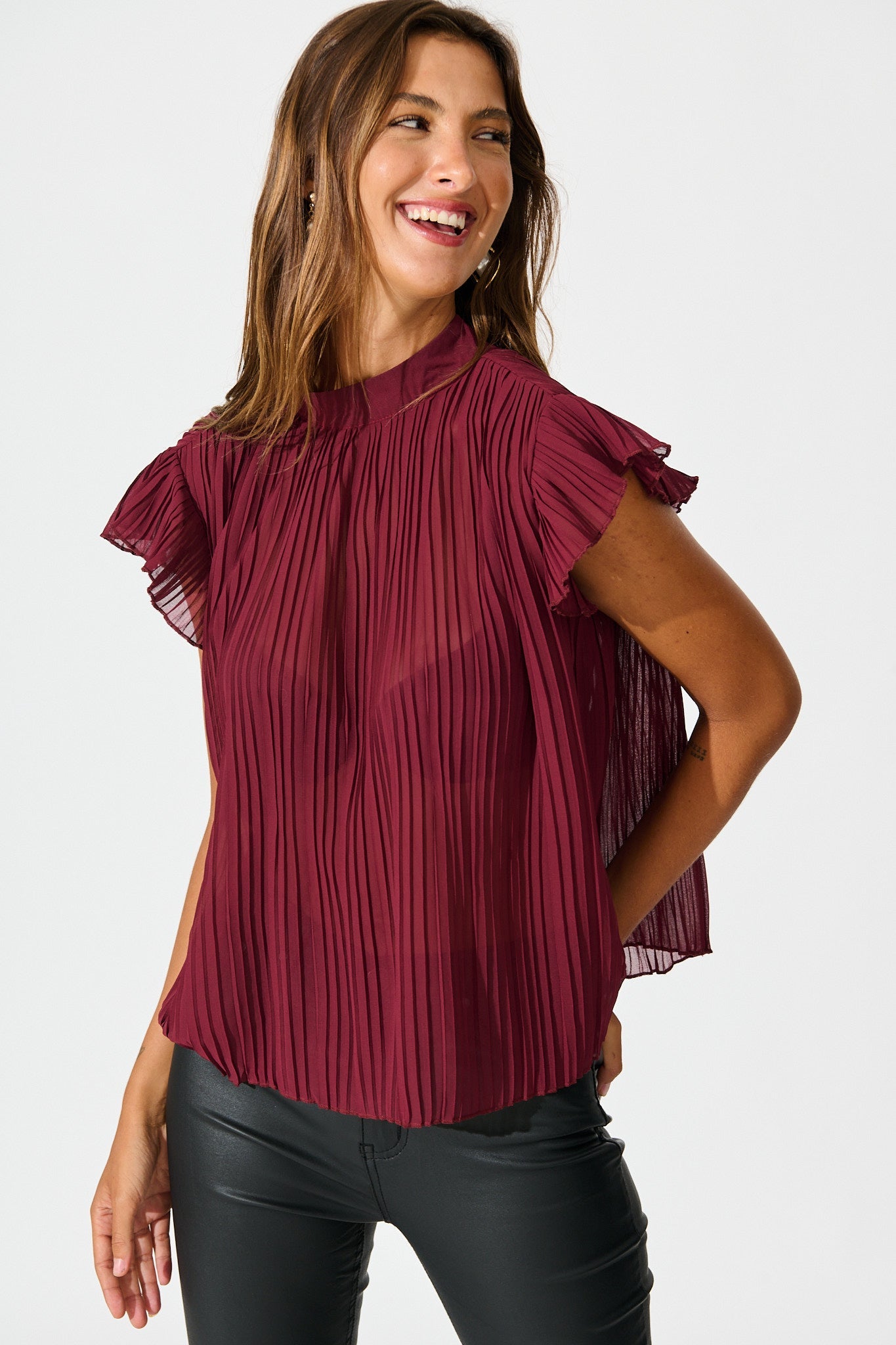 Vada Top in Wine Pleated Chiffon