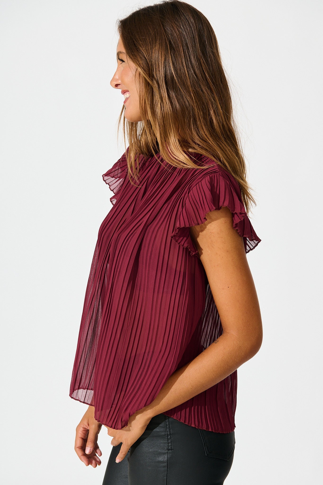 Vada Top in Wine Pleated Chiffon