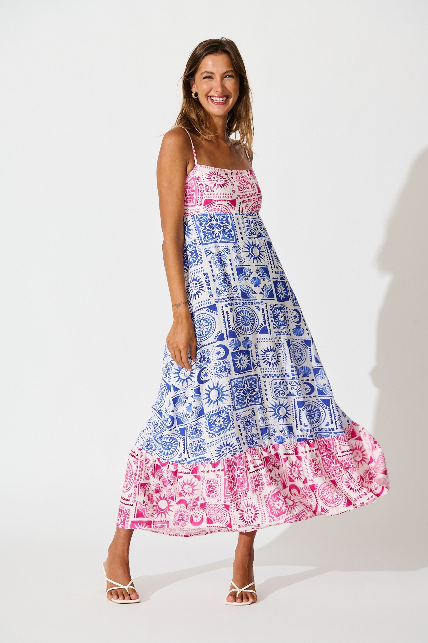 Jenna Maxi Sundress in Pink and Blue Tile Print
