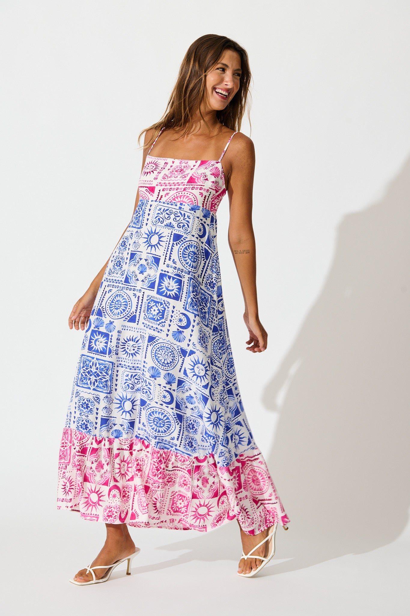 Jenna Maxi Sundress in Pink and Blue Tile Print