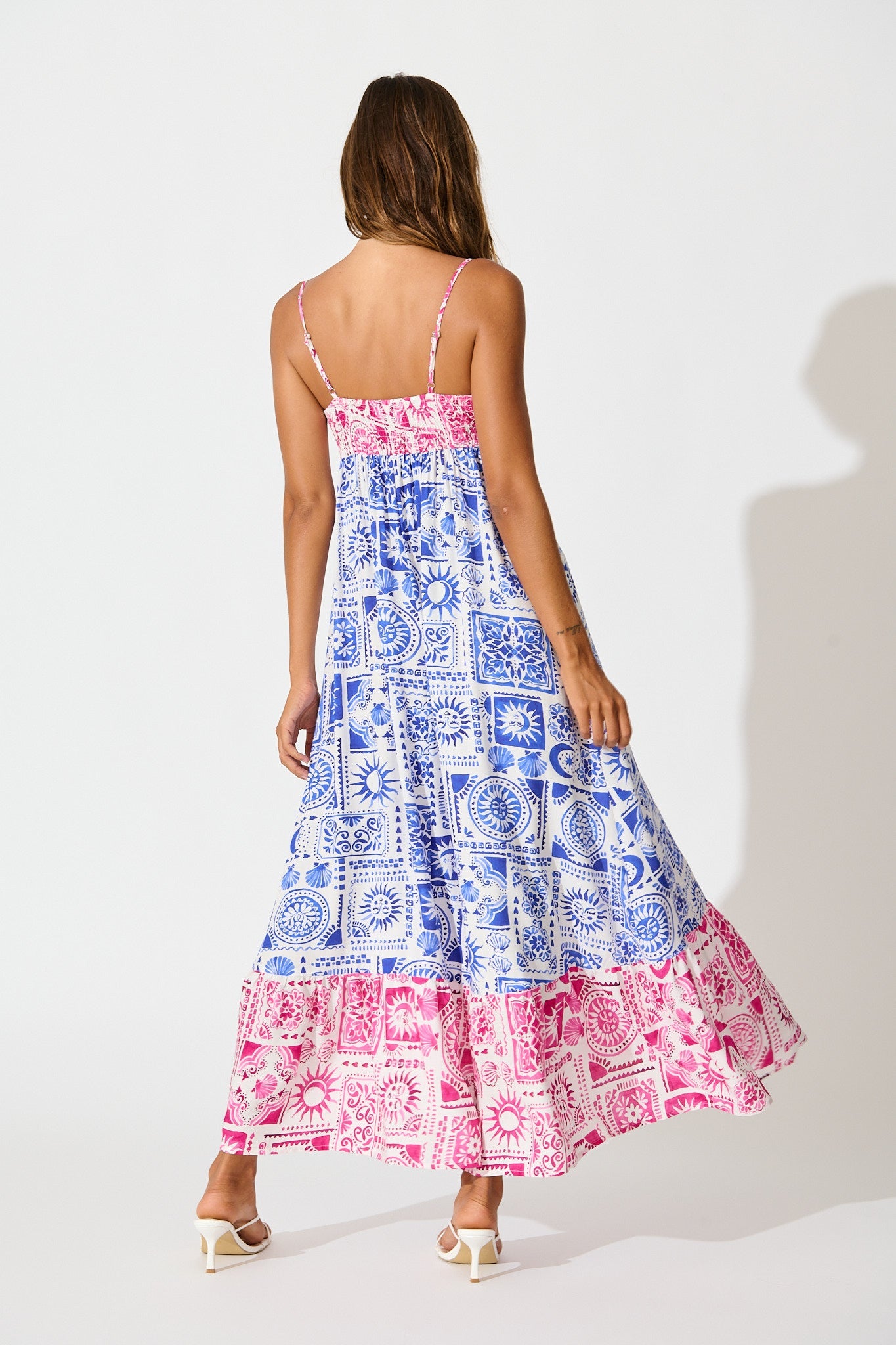 Jenna Maxi Sundress in Pink and Blue Tile Print
