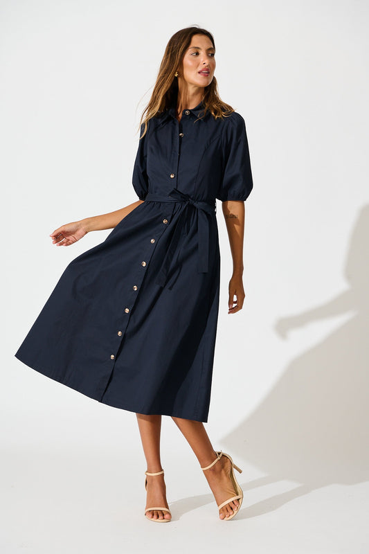Adrienne Midi Shirt Dress in Navy Cotton