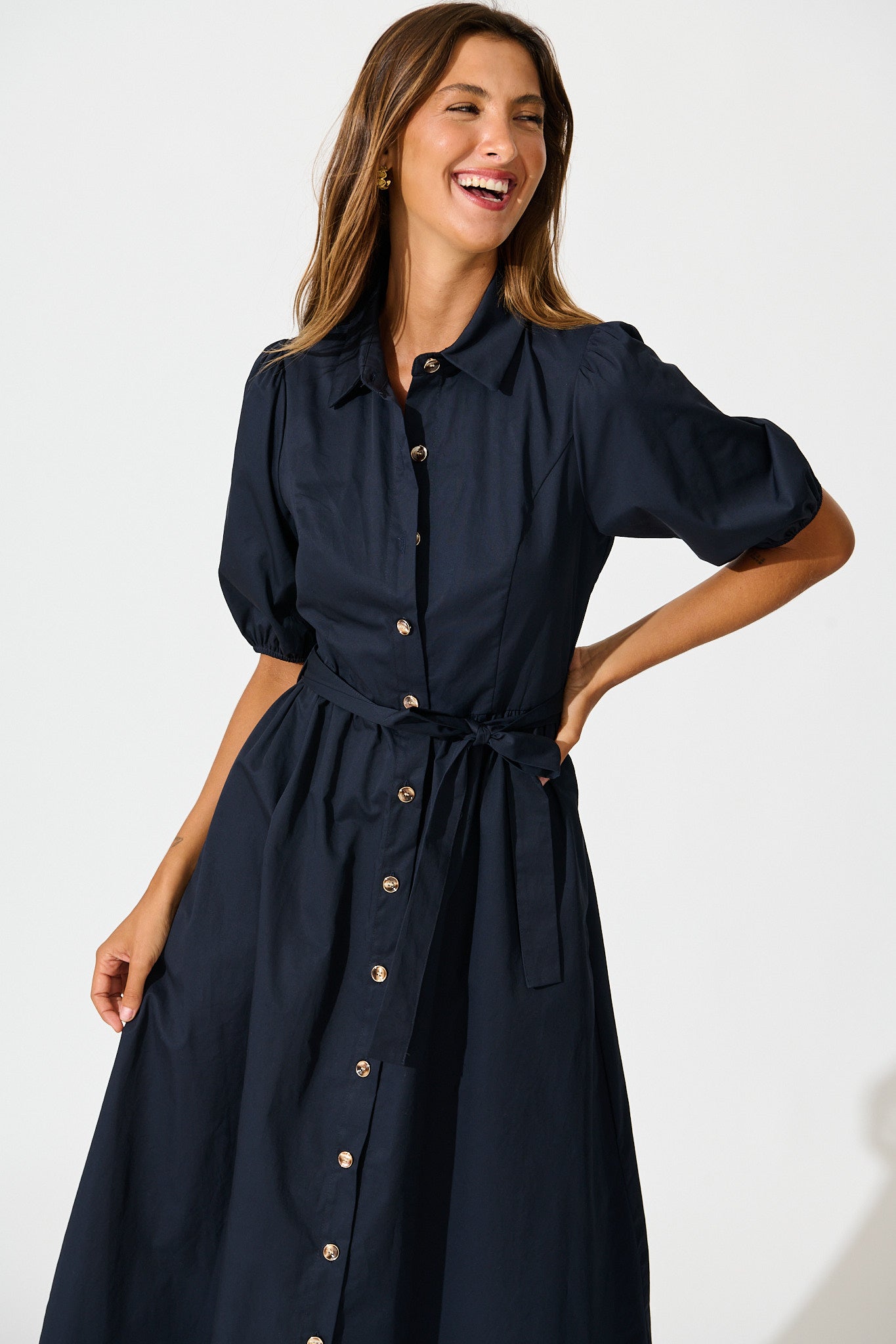 Adrienne Midi Shirt Dress in Navy Cotton