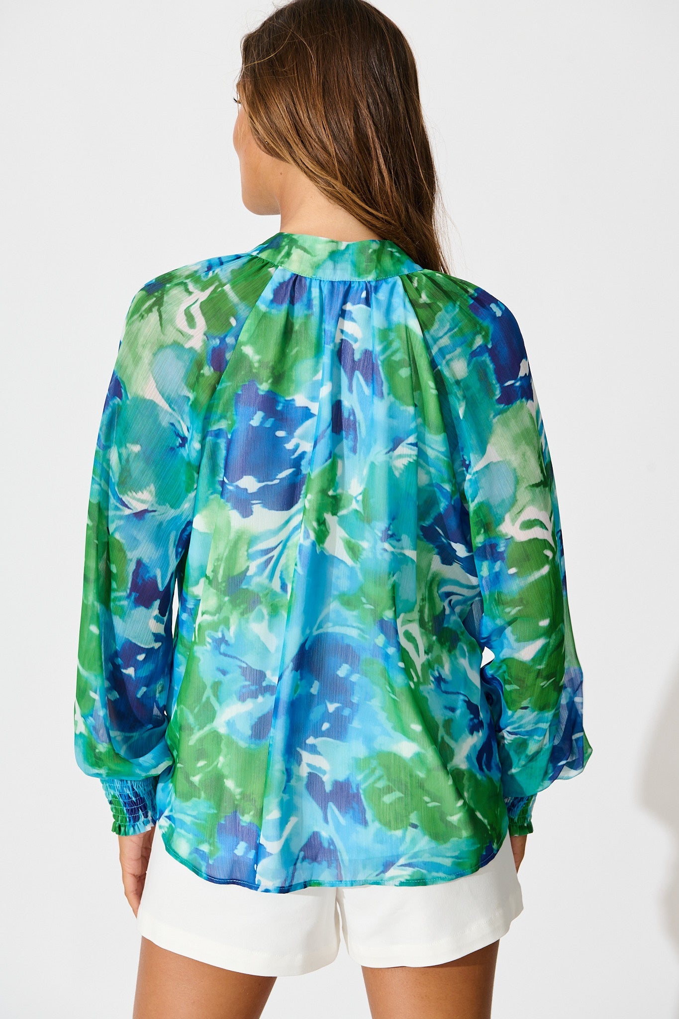 Brielle Top in Blue and Multi Print Chiffon