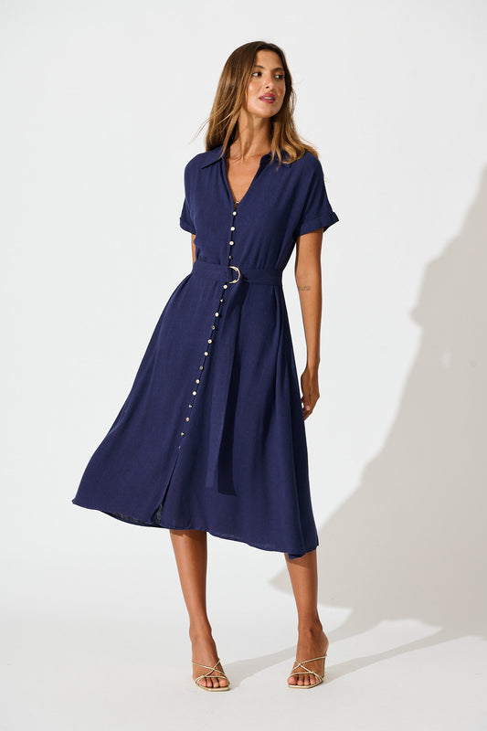 Alyssa Midi Shirt Dress in Navy Linen Blend