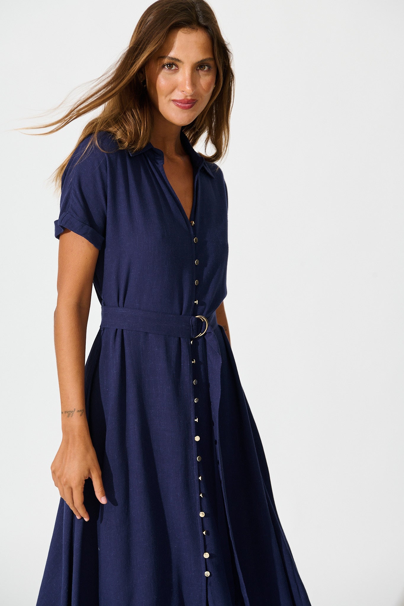 Alyssa Midi Shirt Dress in Navy Linen Blend