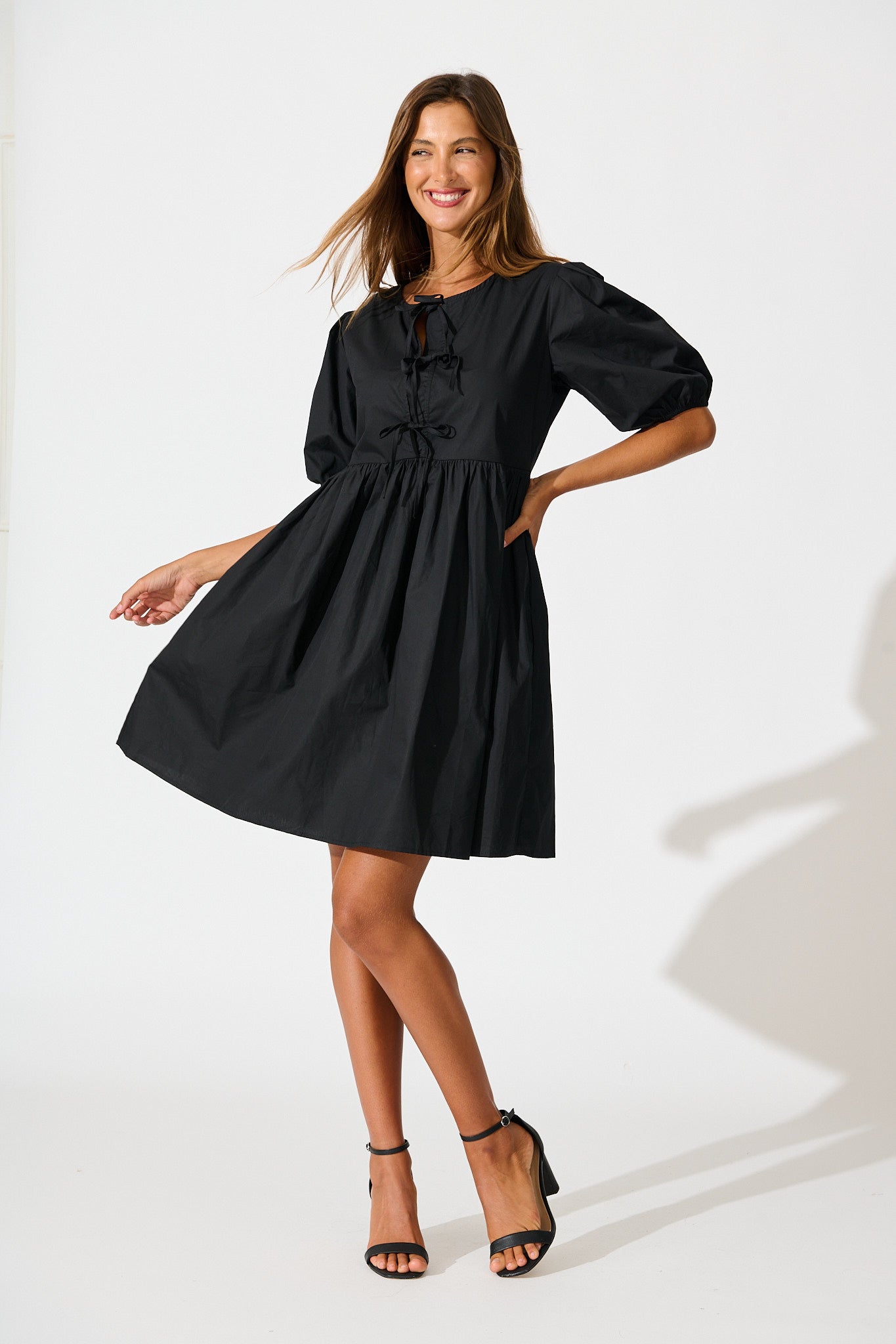 Sofia Tie Front Dress in Black Cotton