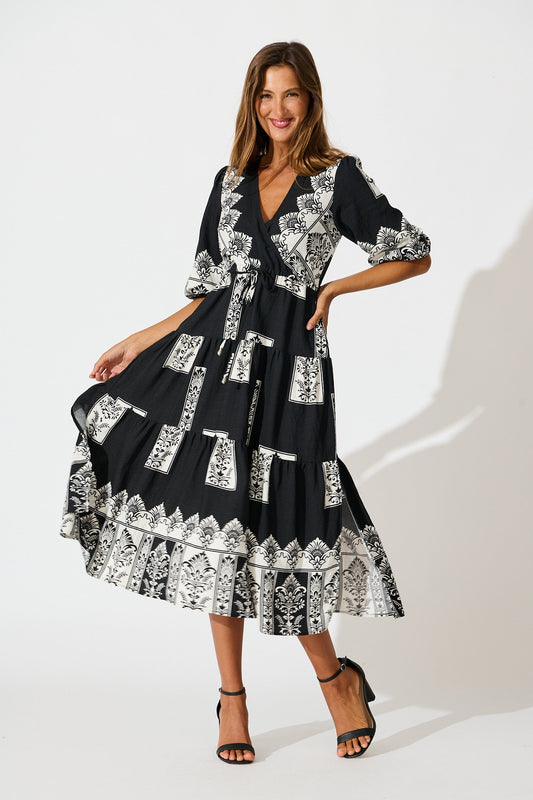 Paradise Midi Dress in Black Border Print