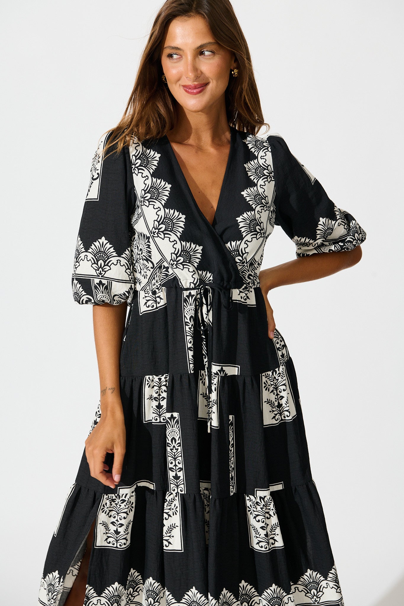 Paradise Midi Dress in Black Border Print