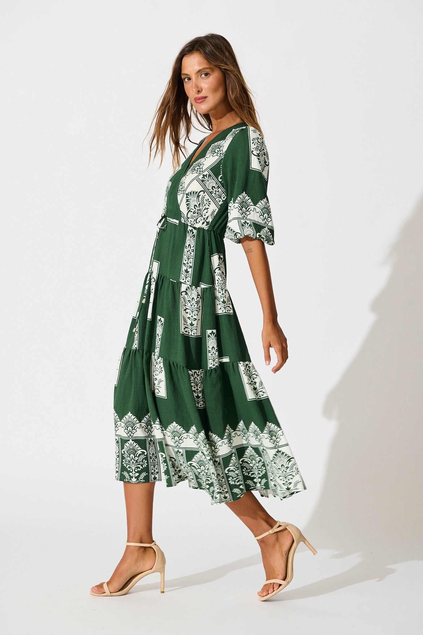 Paradise Midi Dress in Emerald Green Border Print