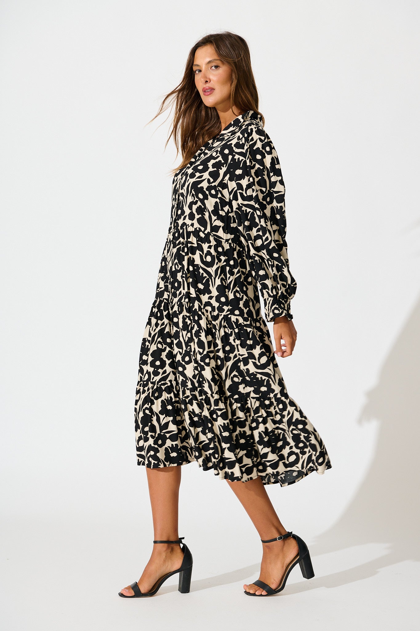 Rumours Midi Shirt Dress in Black with Cream Floral