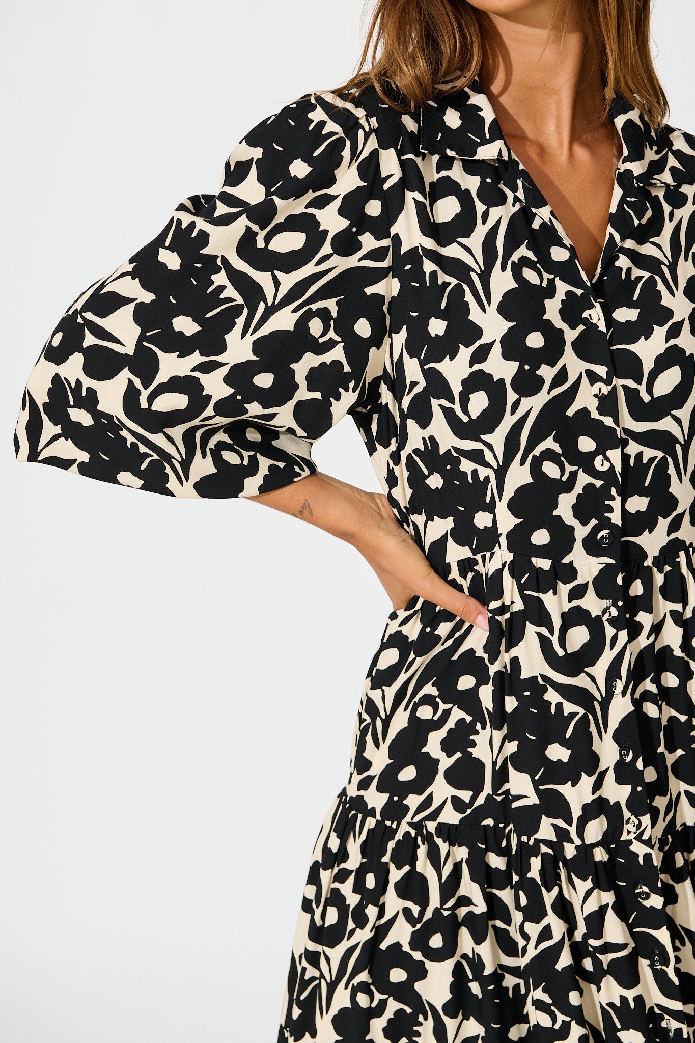 Rumours Midi Shirt Dress in Black with Cream Floral