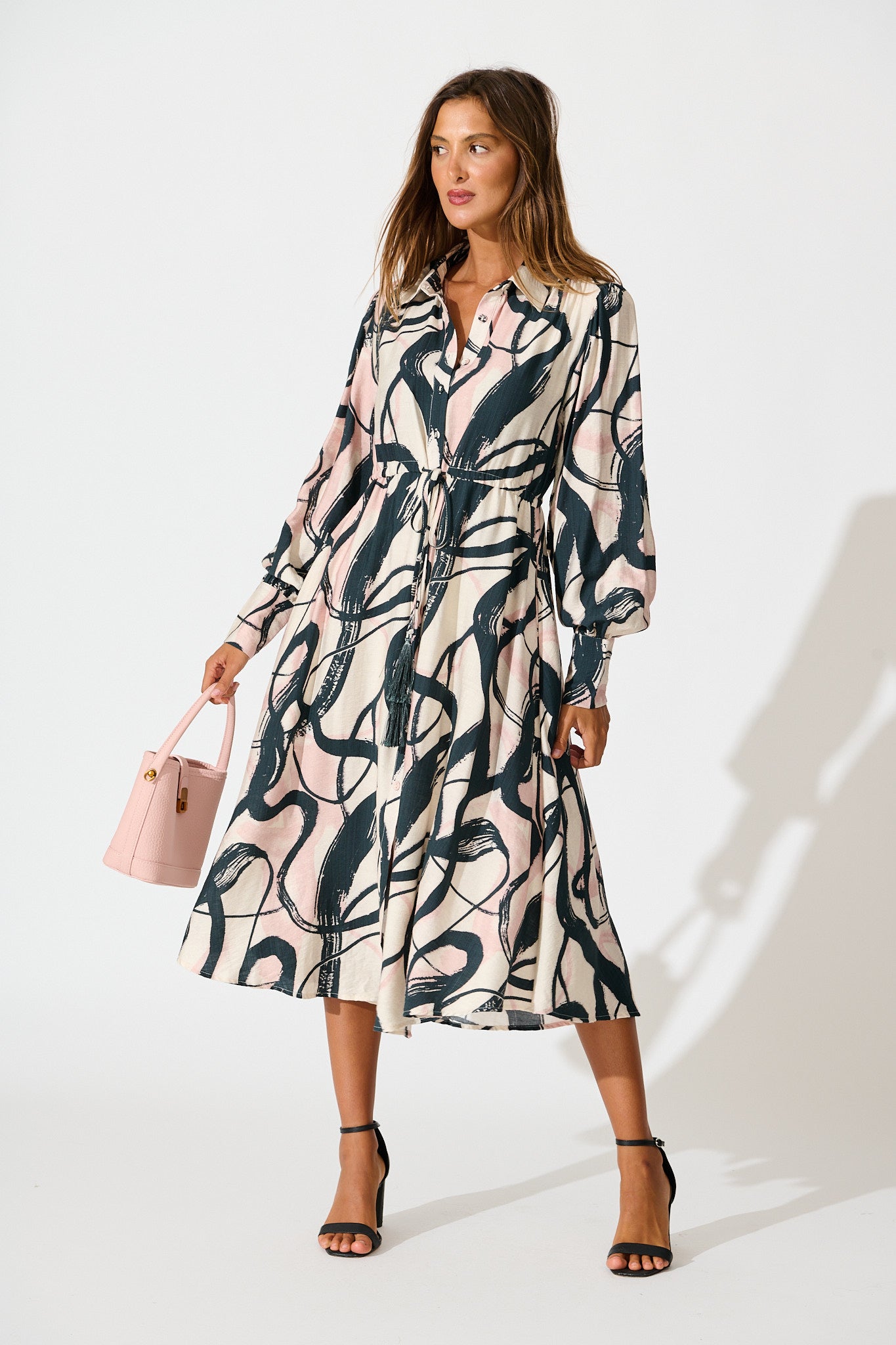 Impulse Midi Shirt Dress in Cream Multi Print