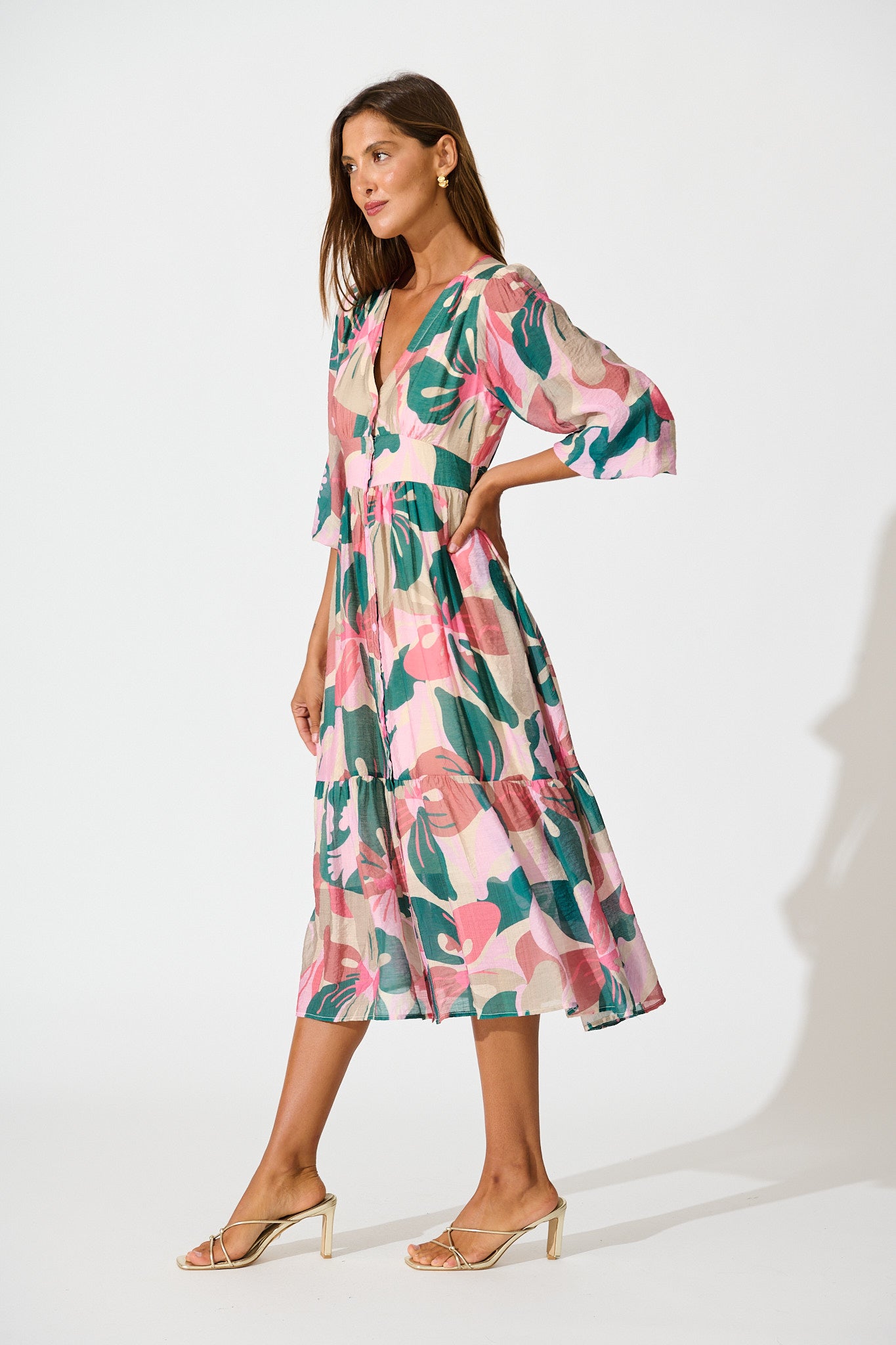 Misty Midi Dress in Multi Pink and Emerald Print