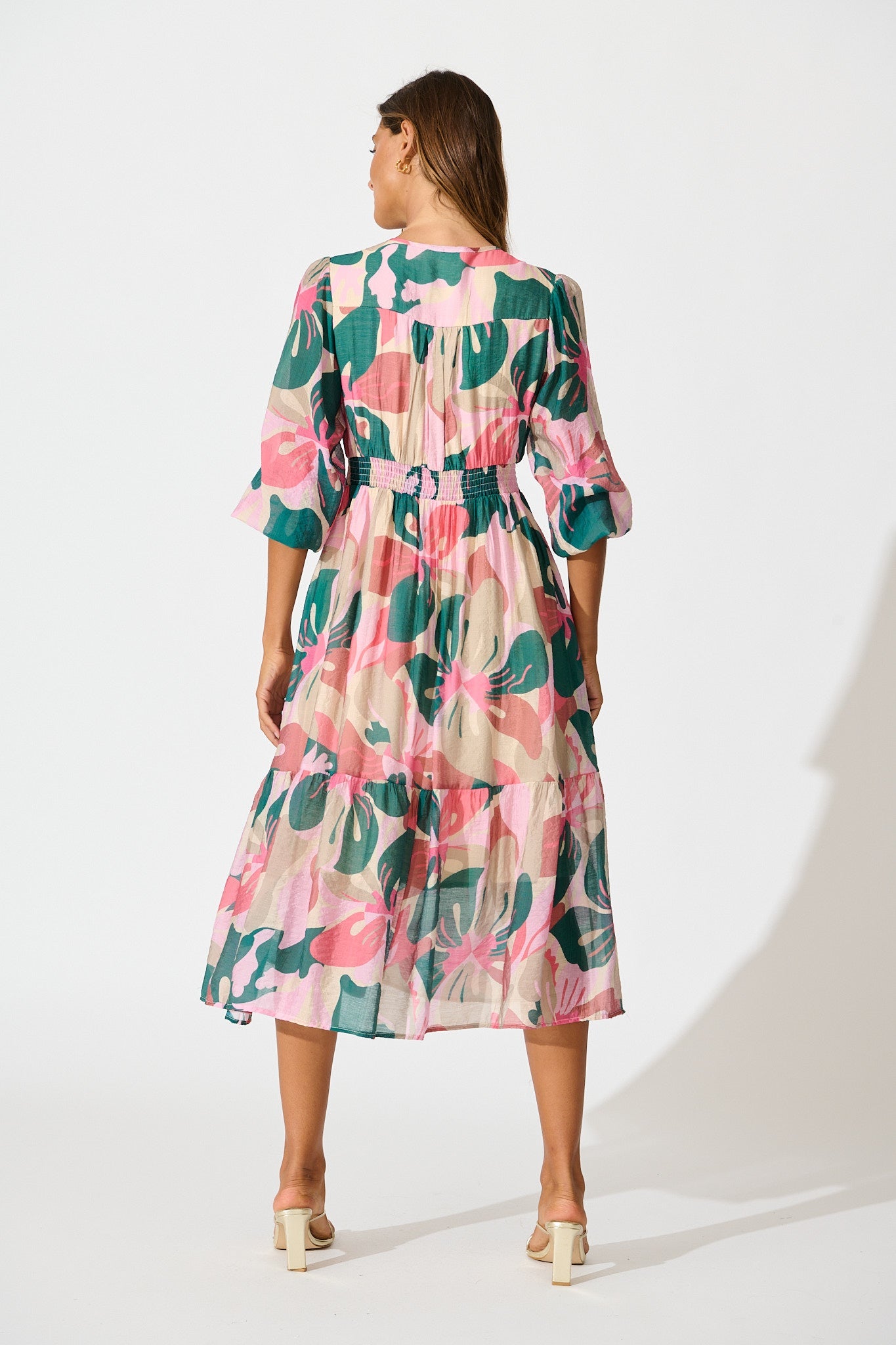 Misty Midi Dress in Multi Pink and Emerald Print