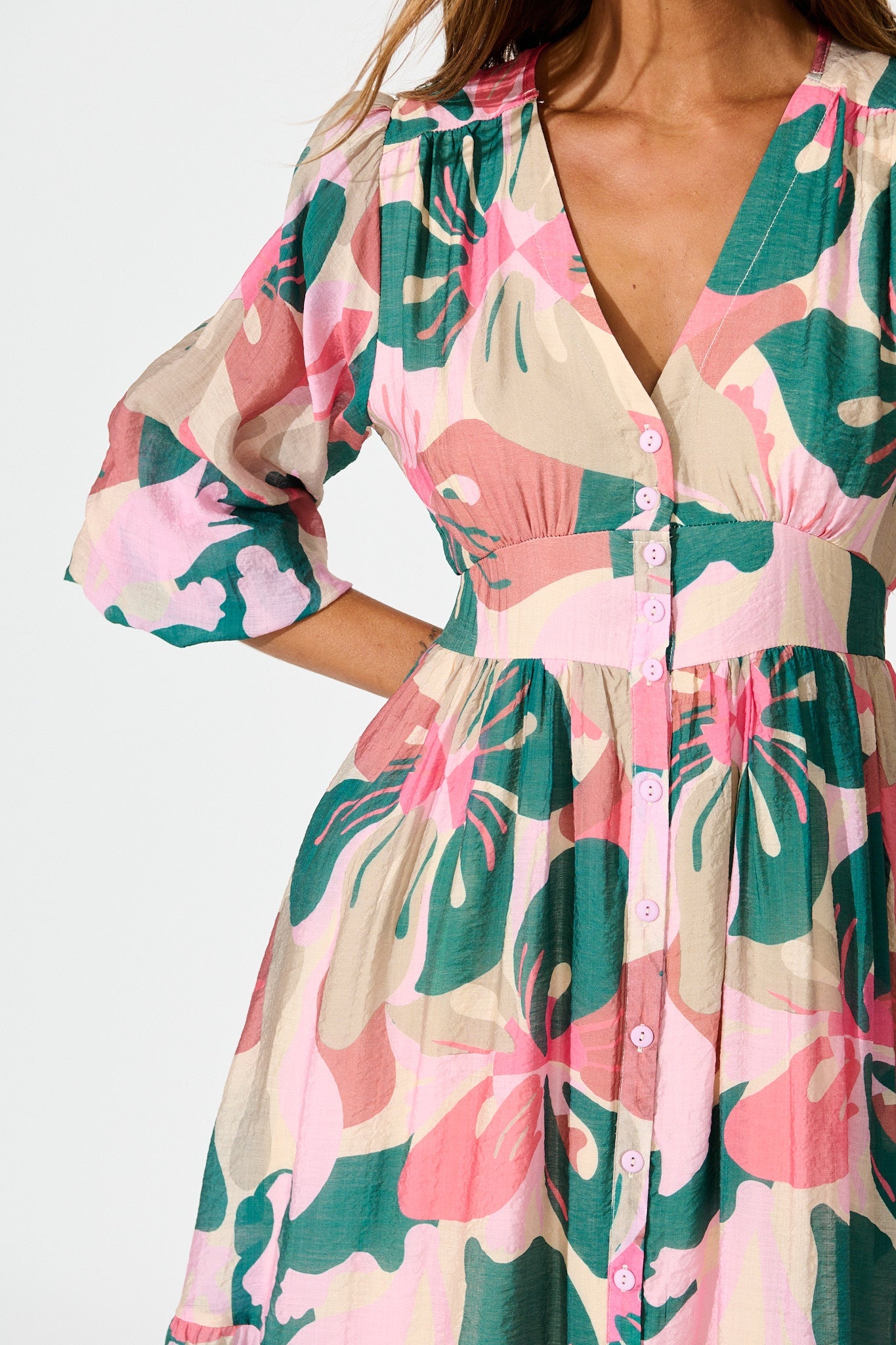 Misty Midi Dress in Multi Pink and Emerald Print