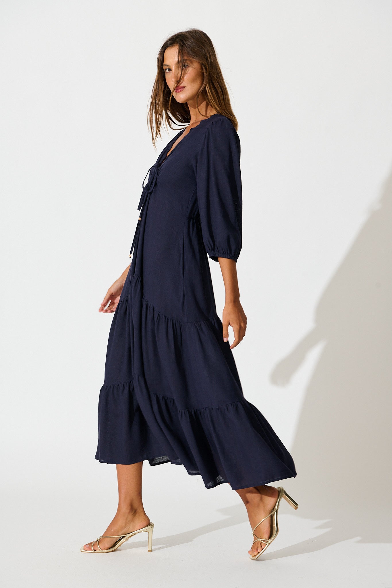 Zena Midi Dress in Navy Linen Blend