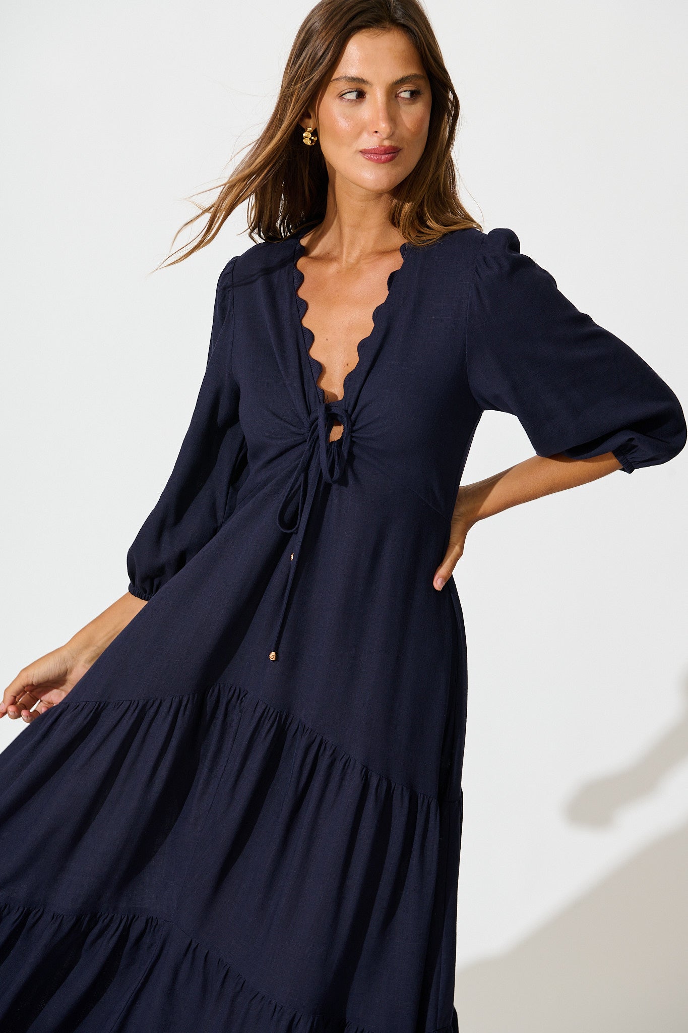 Zena Midi Dress in Navy Linen Blend