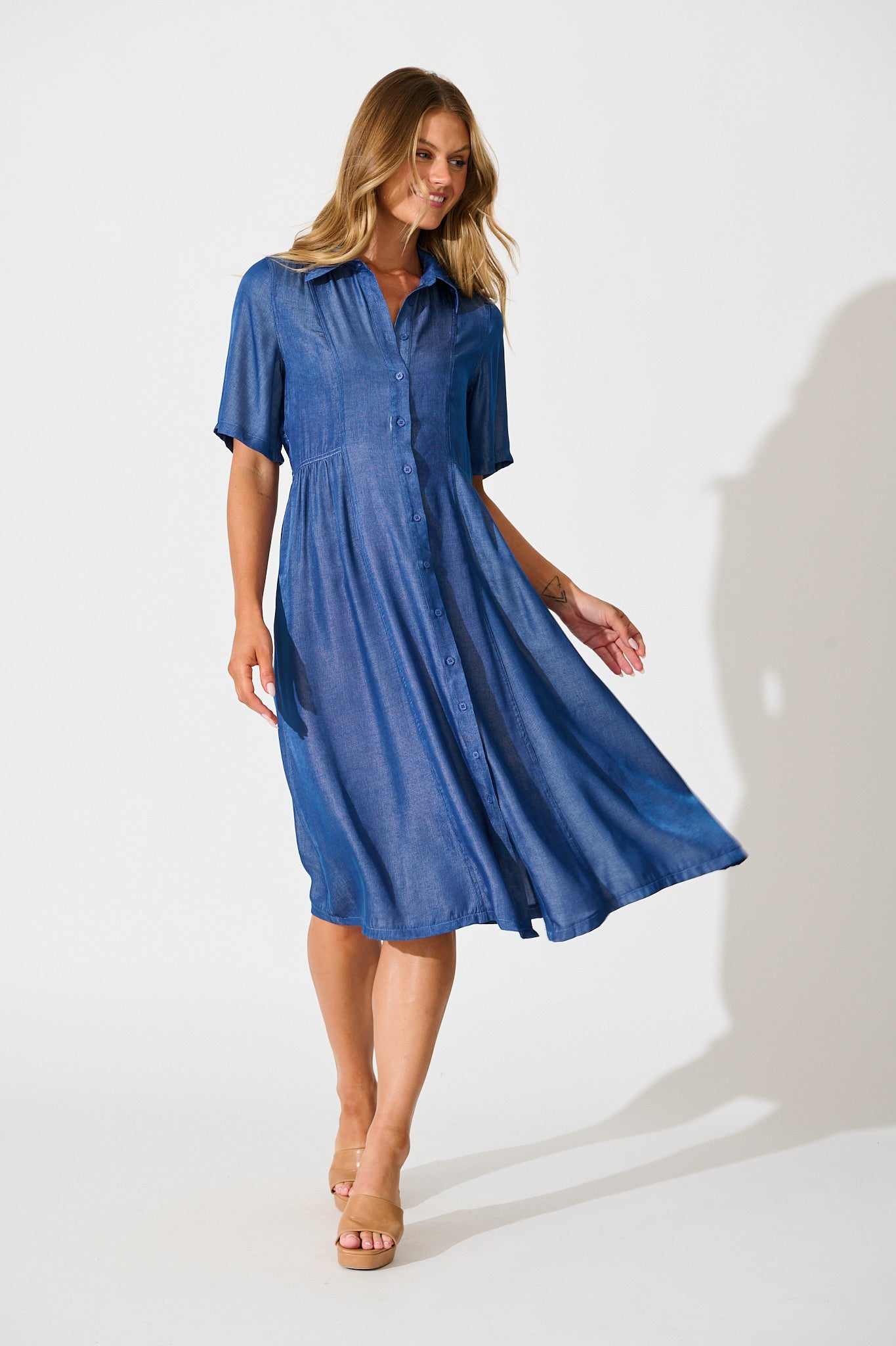 Aria Midi Shirt Dress in Blue Chambray