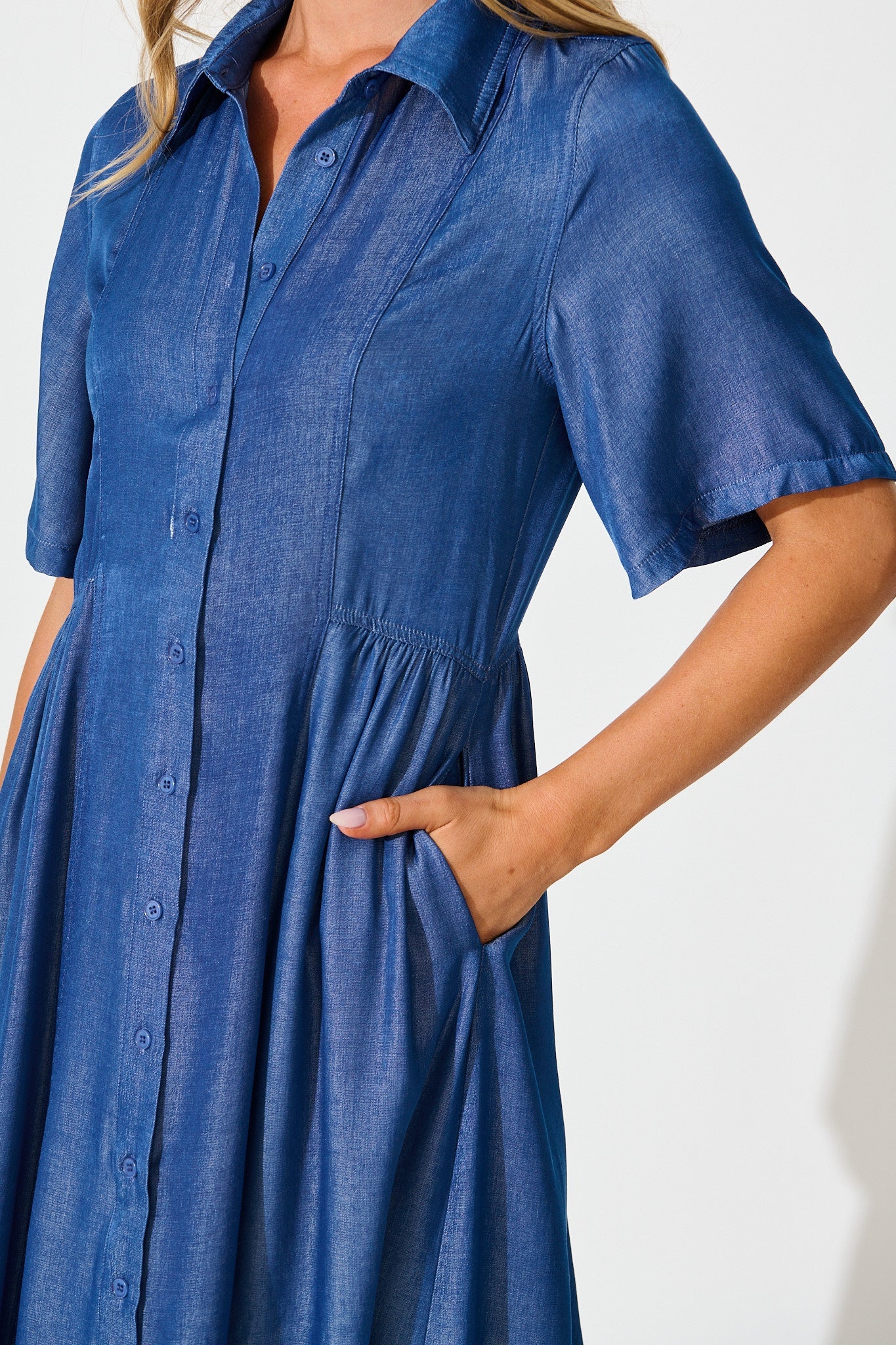Aria Midi Shirt Dress in Blue Chambray