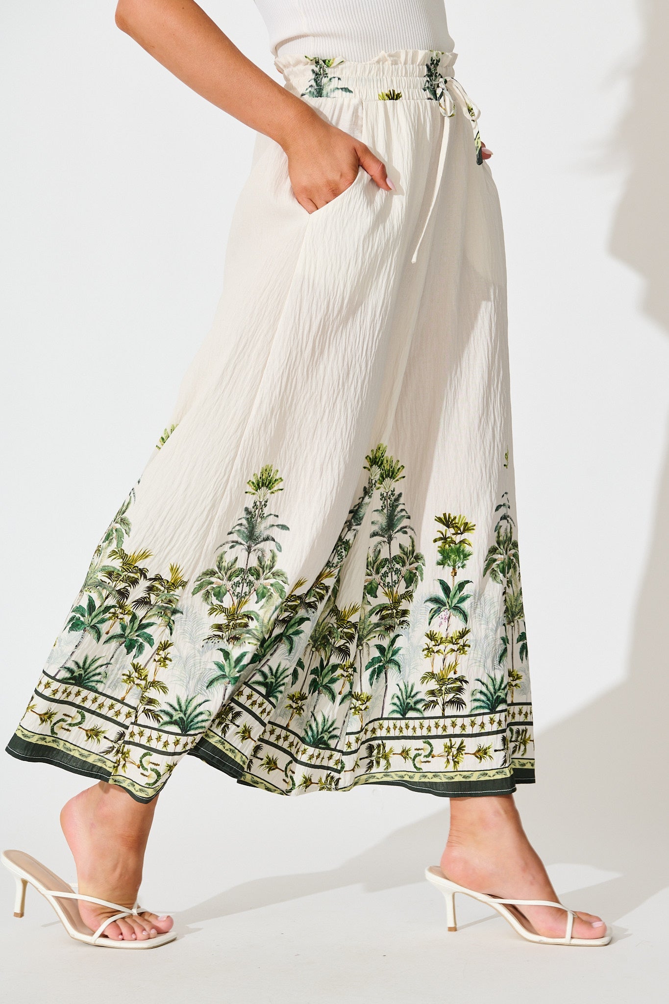 Mariah Pant in Cream with Green Palm Tree Border Print