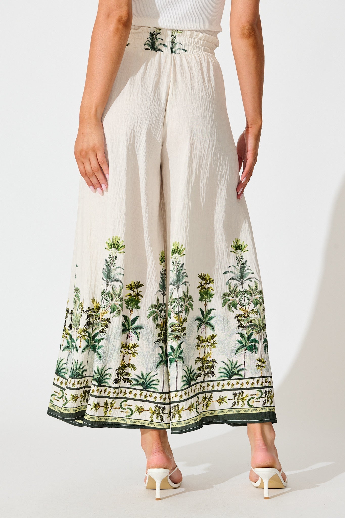 Mariah Pant in Cream with Green Palm Tree Border Print