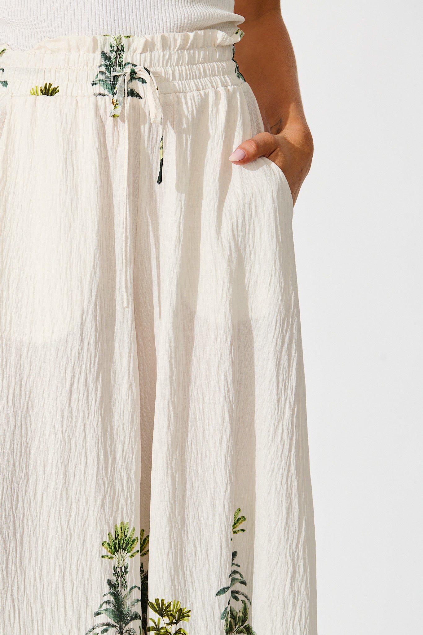 Mariah Pant in Cream with Green Palm Tree Border Print