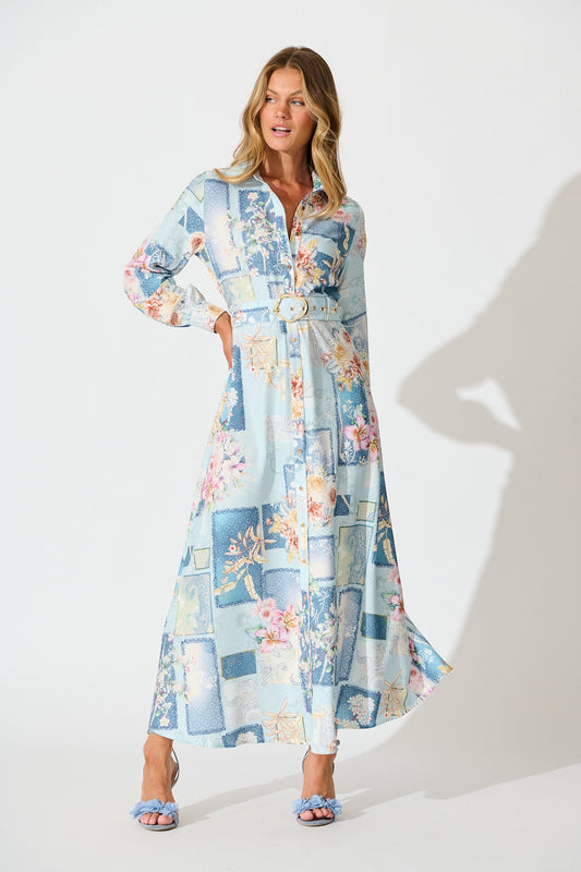Moonlight Maxi Shirt Dress in Blue Patchwork Floral