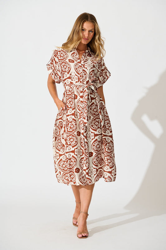 Sweet Talk Midi Shirt Dress in Brown Print