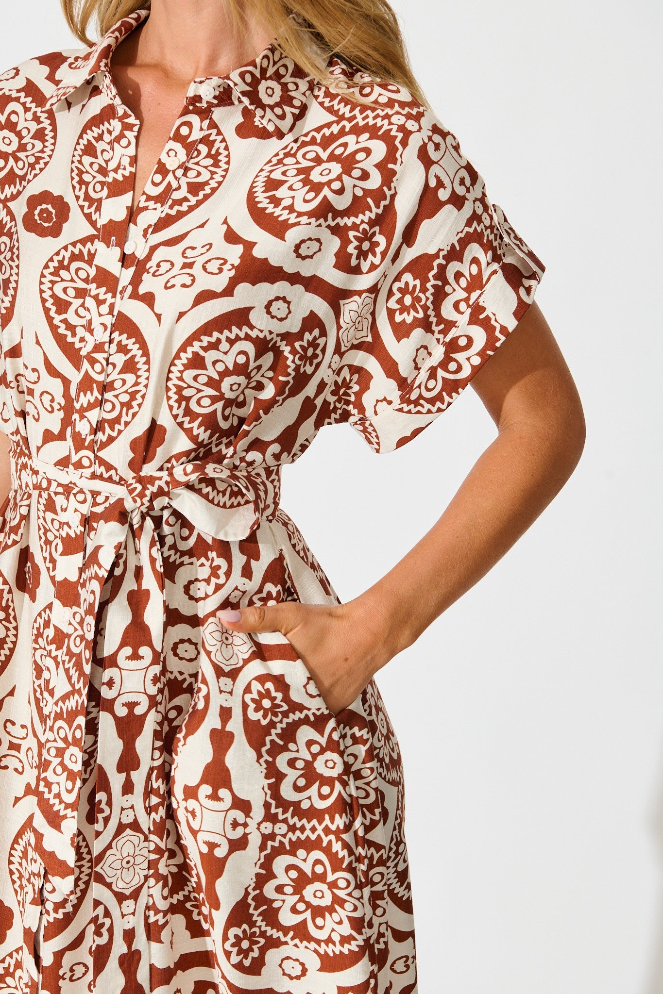 Sweet Talk Midi Shirt Dress in Brown Print