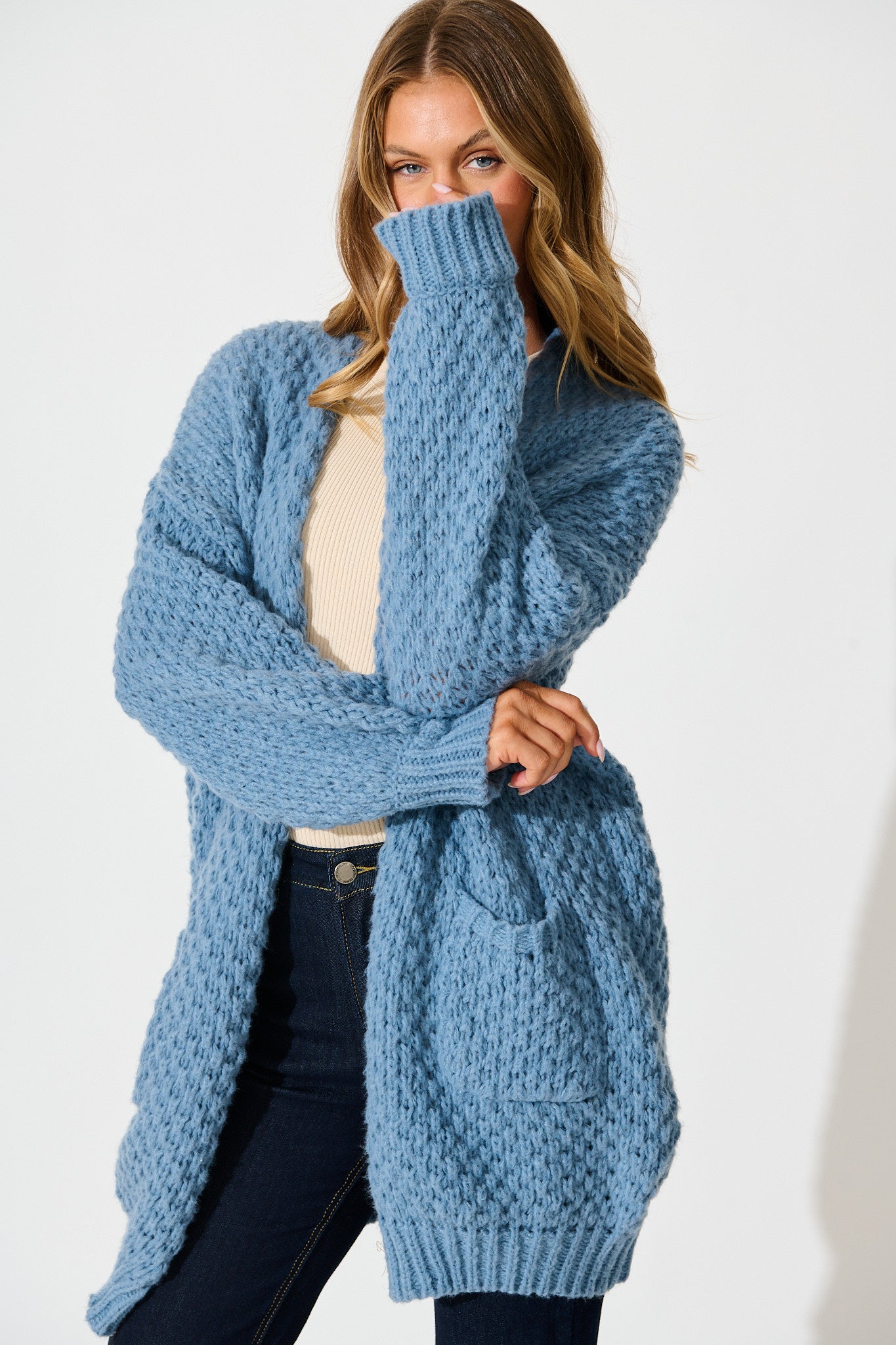 Tranquil Knit Cardigan in Dusty Blue Wool Blend