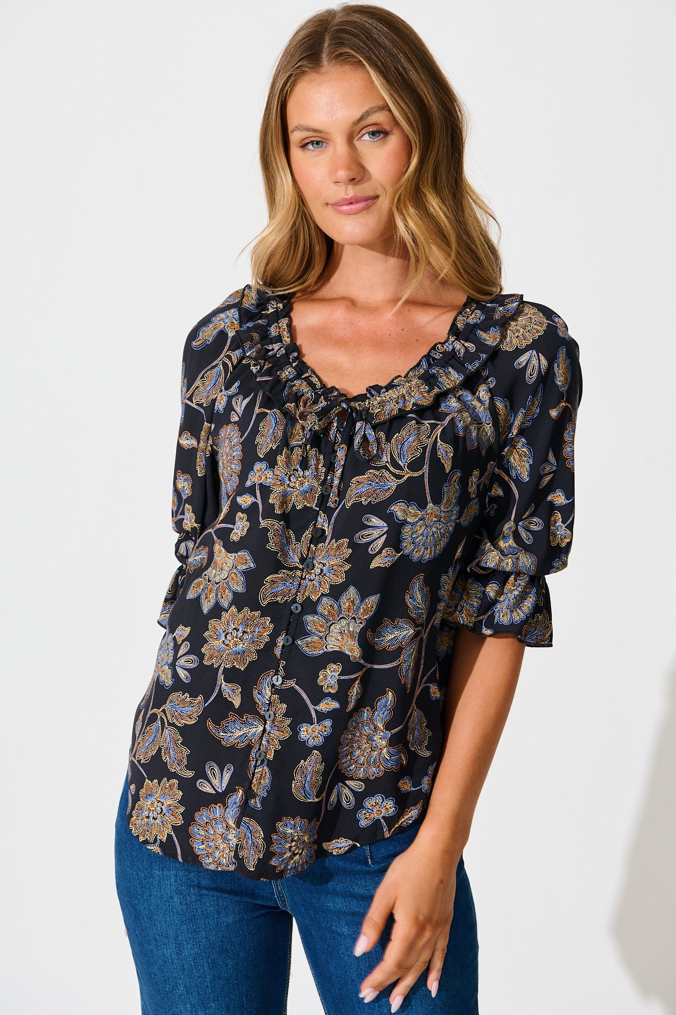 Hidden Treasure Top in Black with Multi Floral Print