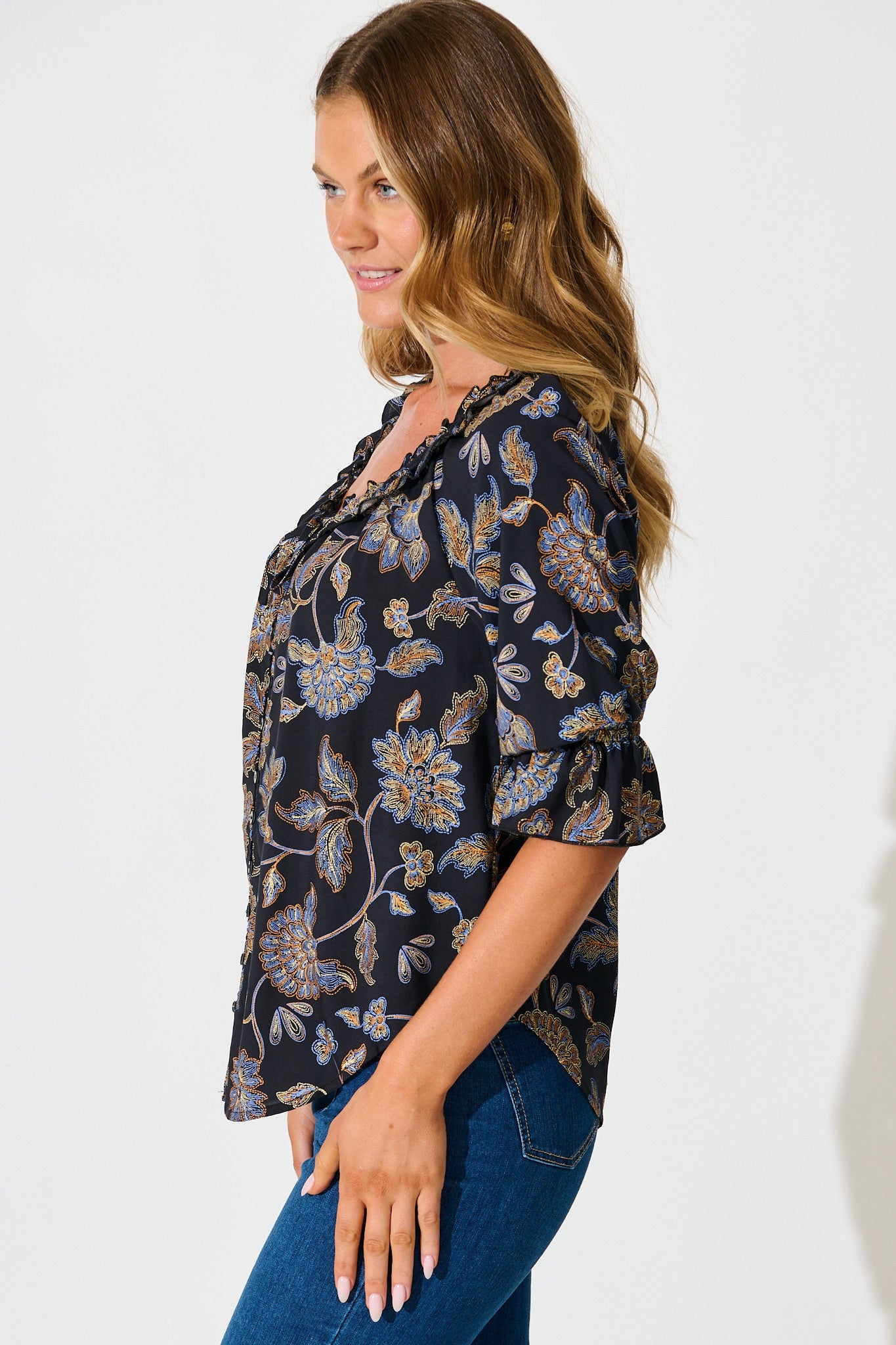 Hidden Treasure Top in Black with Multi Floral Print
