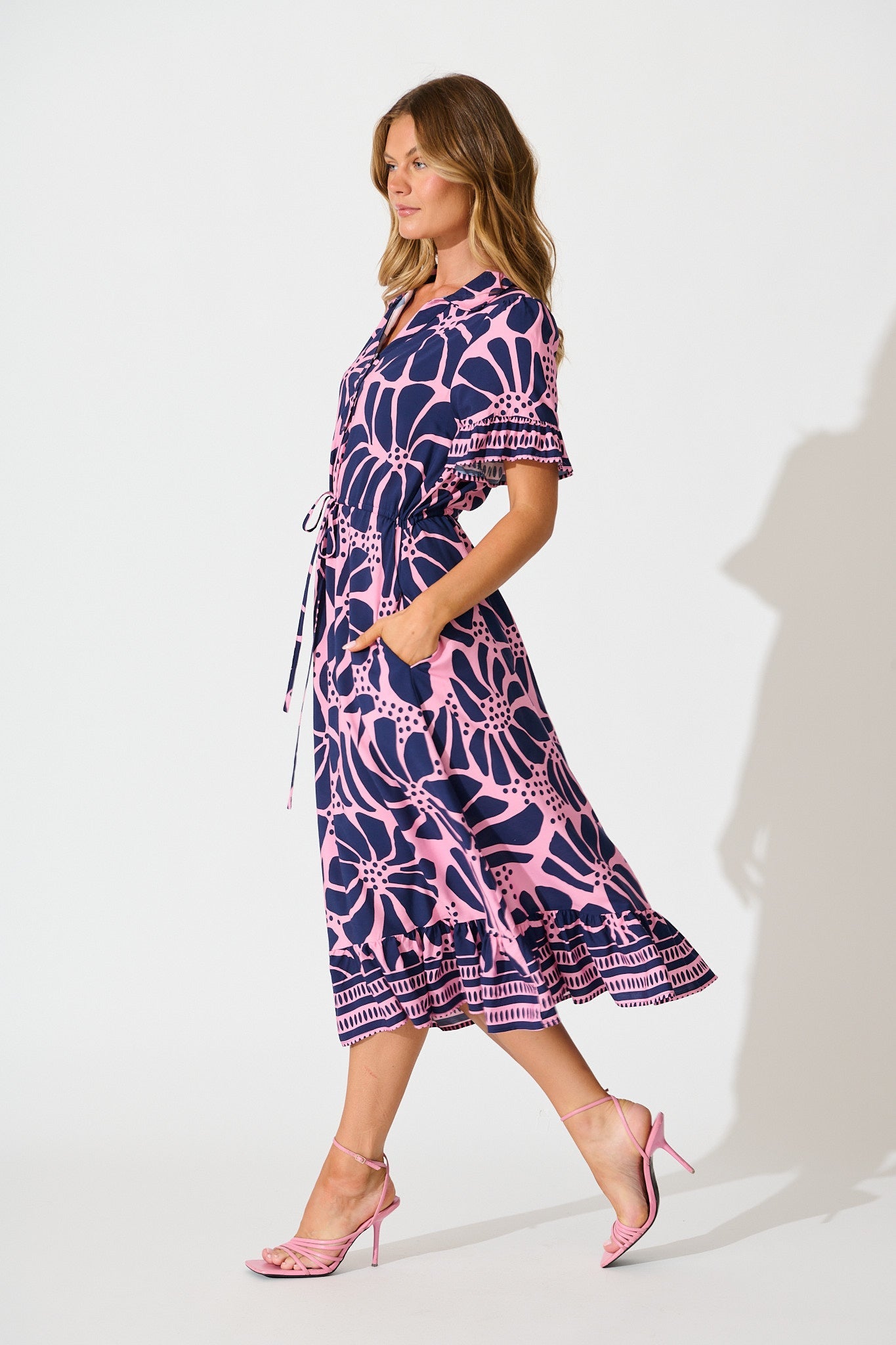 Aiken Midi Dress In Pink And Navy Floral