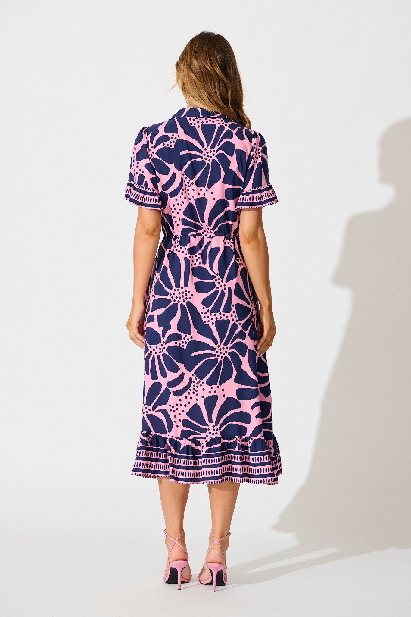 Aiken Midi Dress In Pink And Navy Floral