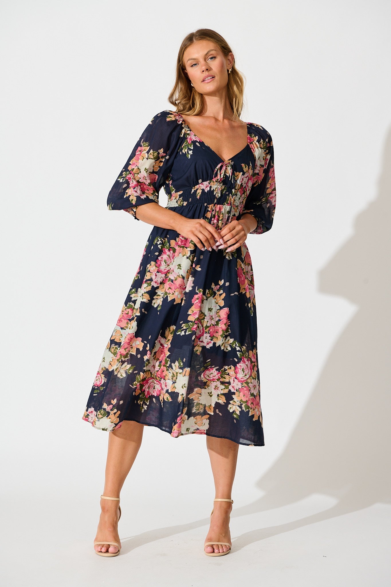 Indianna Midi Dress in Navy with Multi Floral Cotton