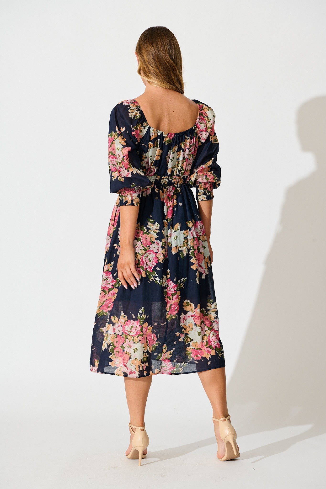 Indianna Midi Dress in Navy with Multi Floral Cotton