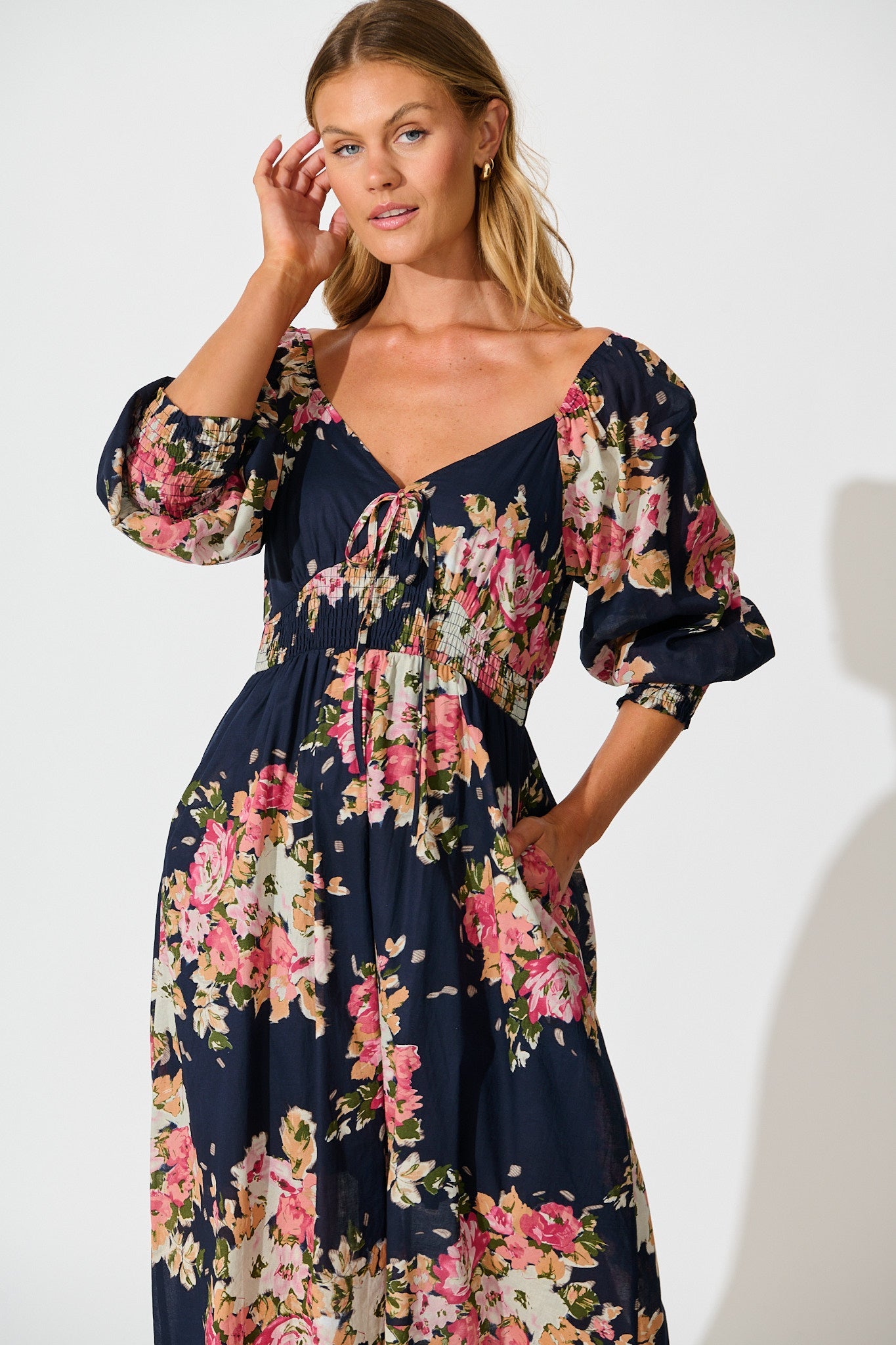 Indianna Midi Dress in Navy with Multi Floral Cotton