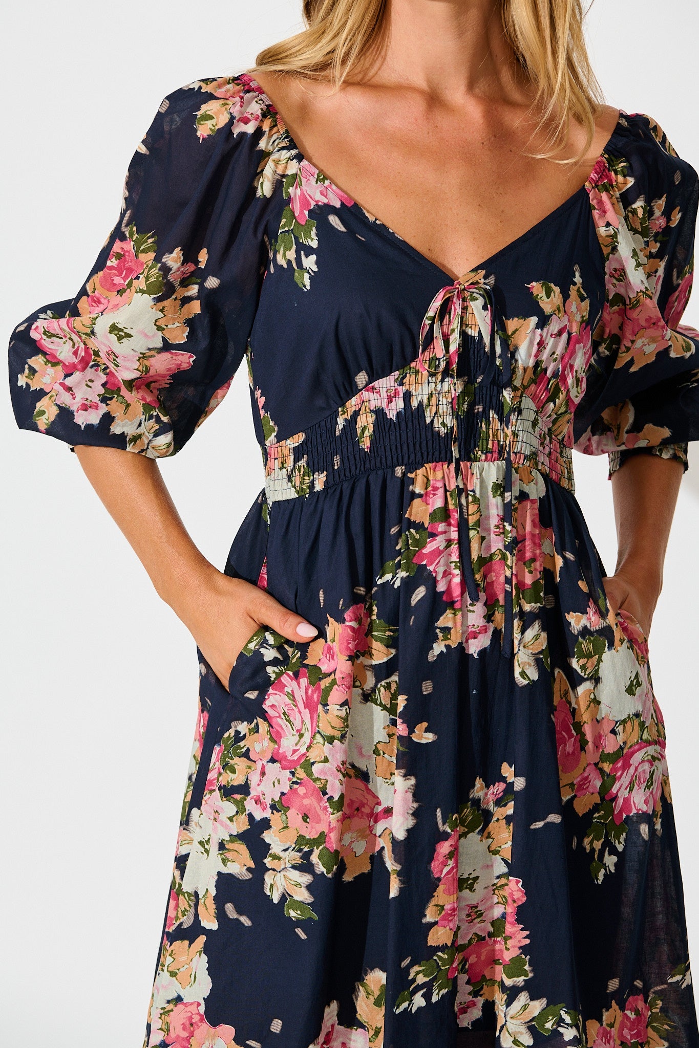 Indianna Midi Dress in Navy with Multi Floral Cotton
