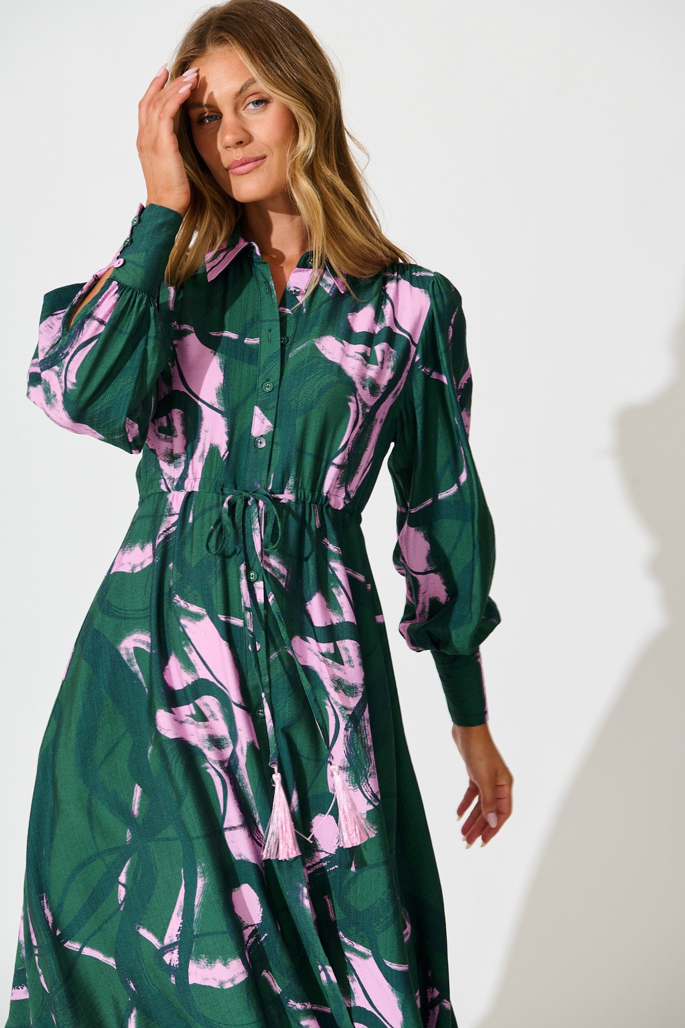 Impulse Midi Shirt Dress in Green Multi Print